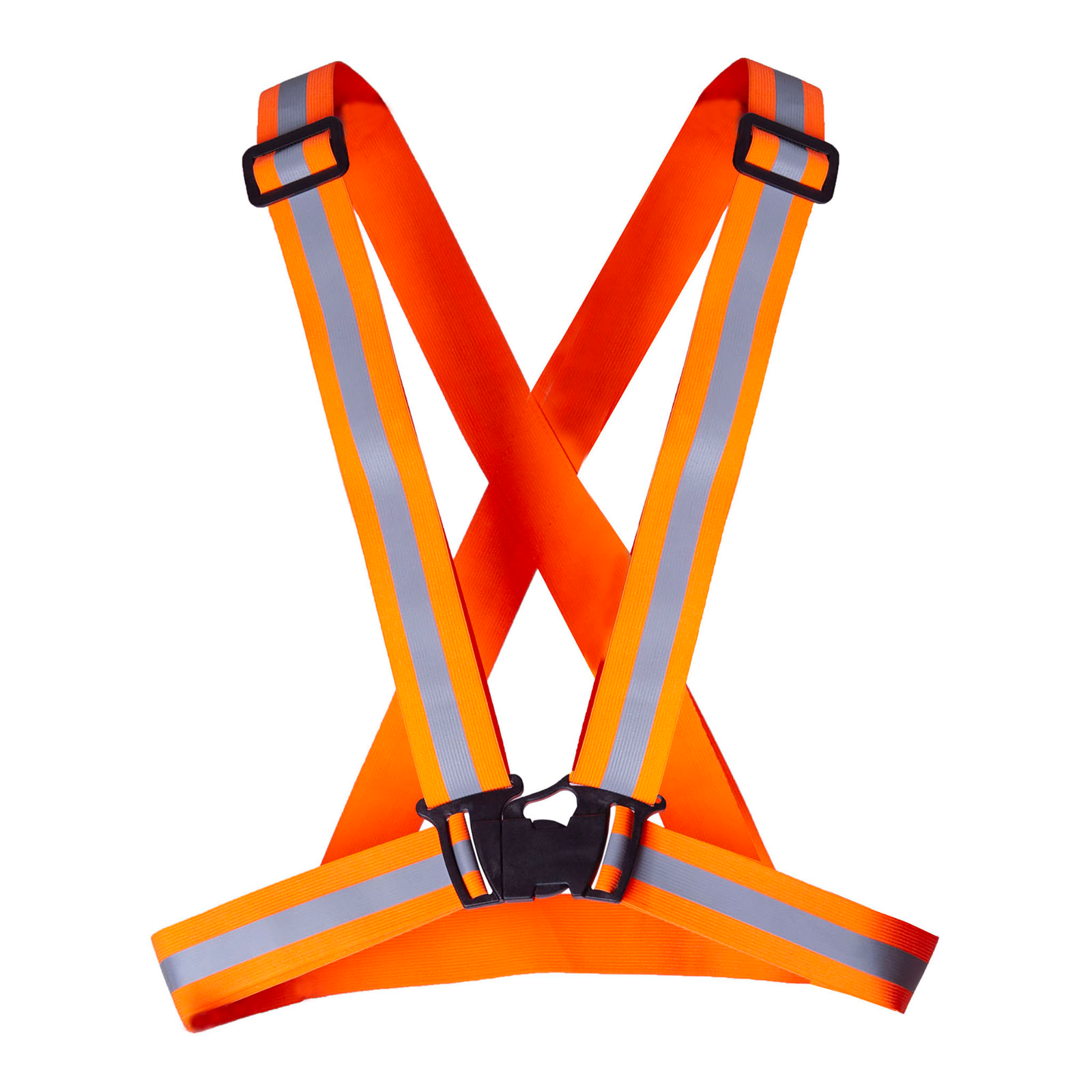 Back view of the orange hi vis adjustable safety suspenders with reflective strips all around.