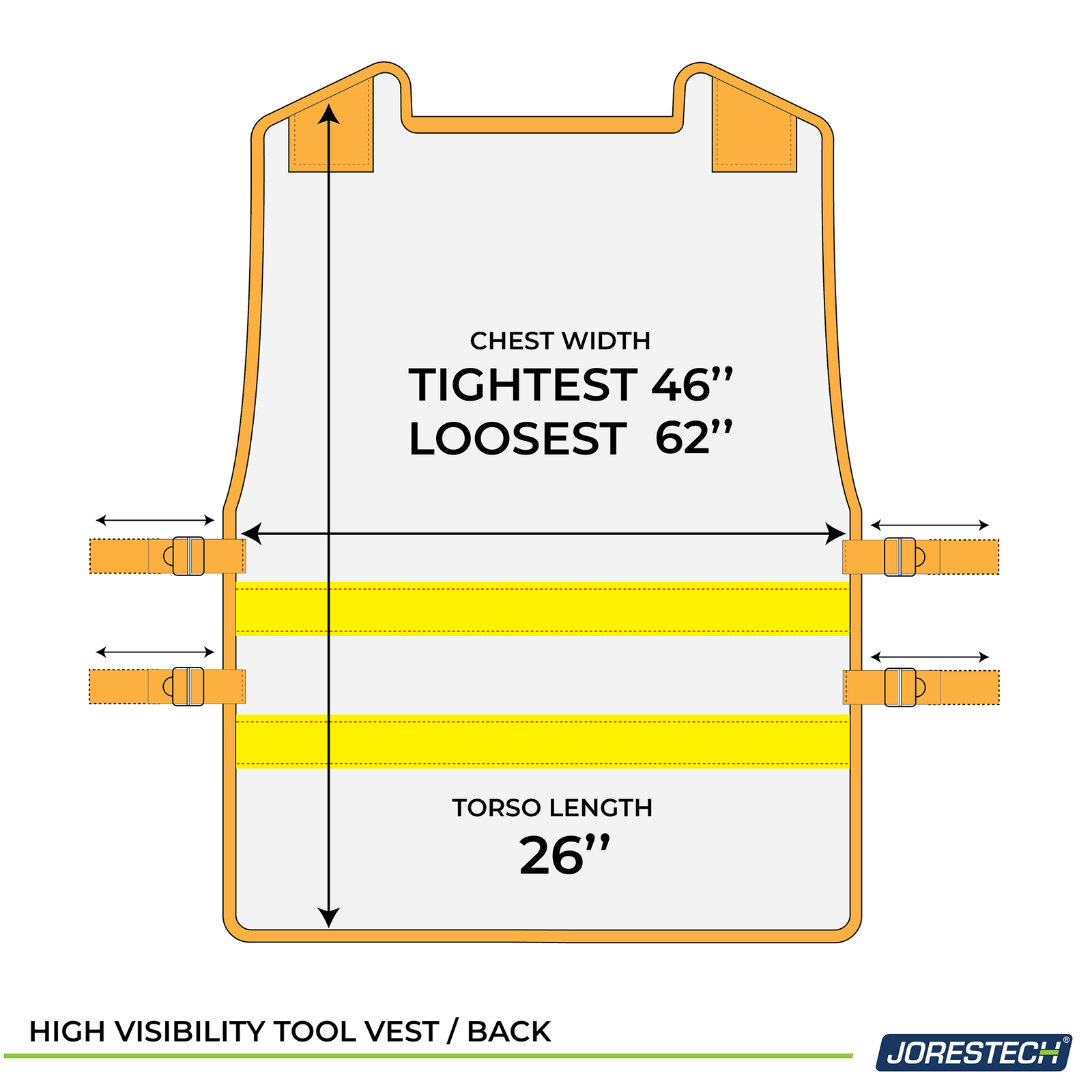 Diagram to show that chest width of the JORESTECH® tool vest can be adjusted from 46