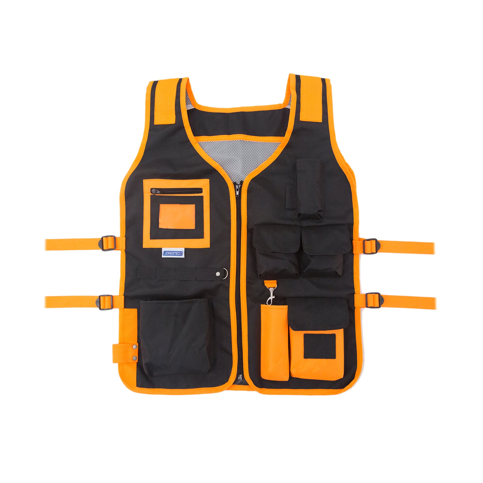 The black and orange high visibility size adjustable JORESTECH® tool vest with reflective strips and numerous pockets