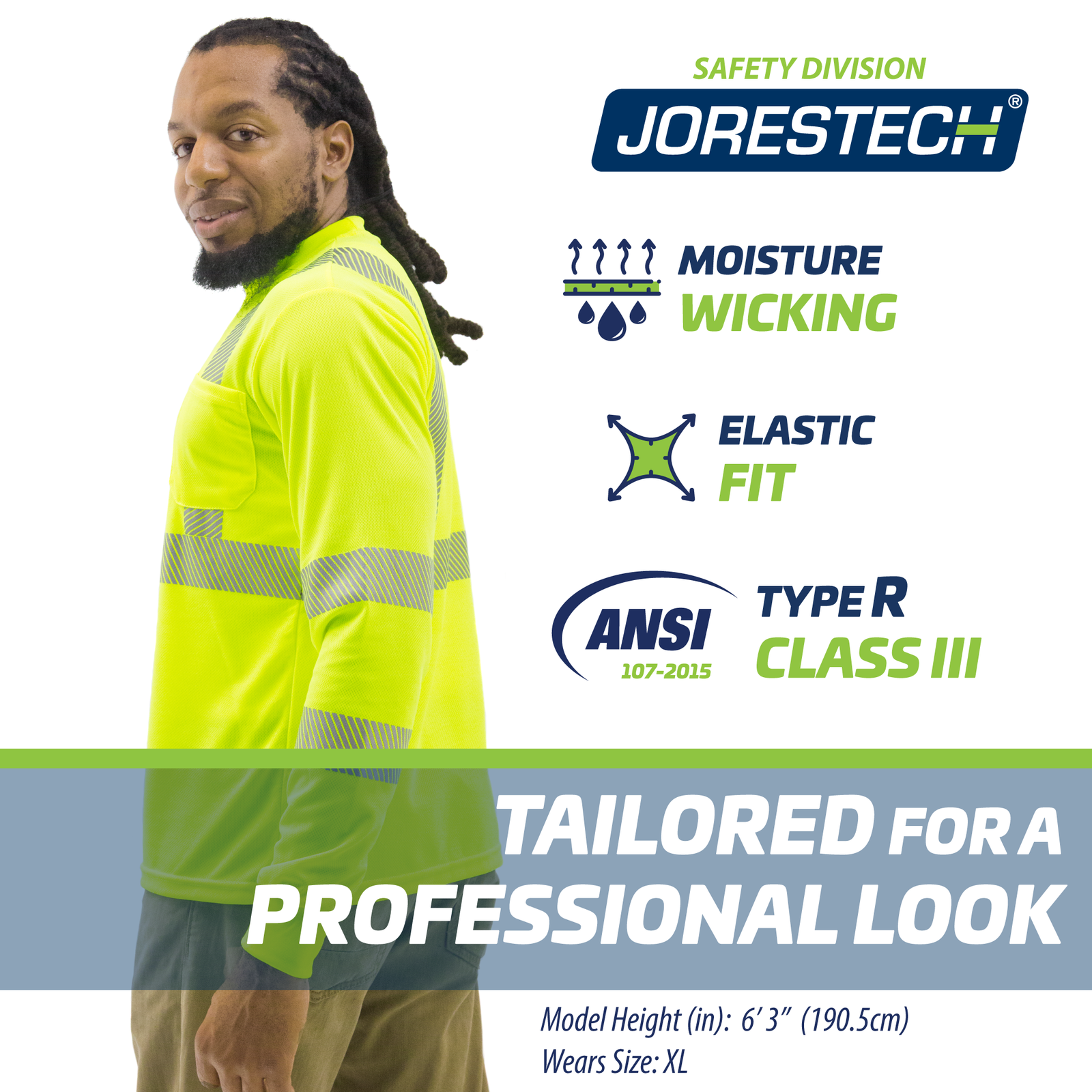 Man wearing the long sleeve JORESTECH heat transfer reflective safety shirt. Icons with text read: moisture wicking, elastic fit, ANSI 107-2015 Type R, Class 3. Tailored for a professional look.