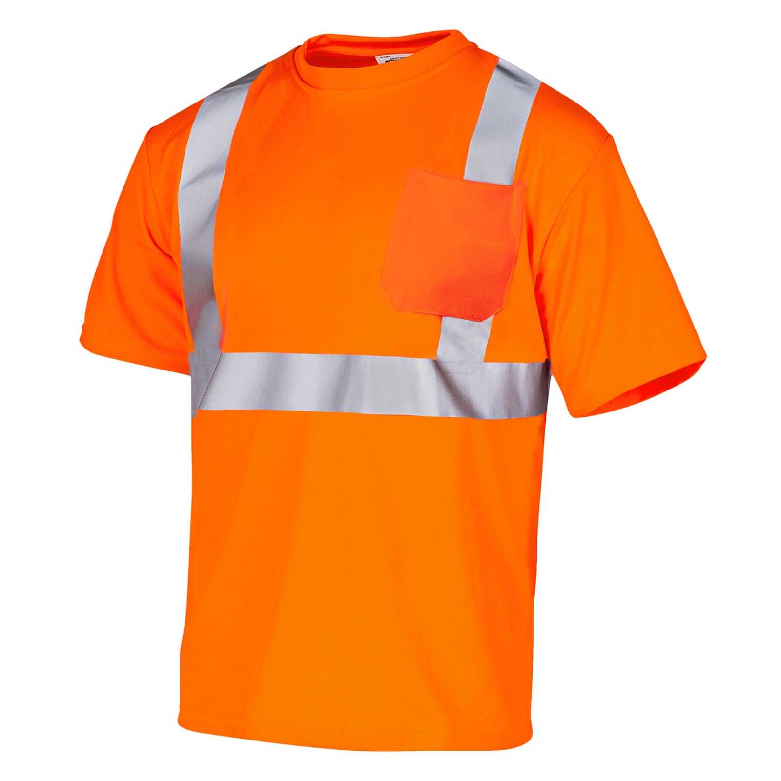 diagonal view of an orange ANSI compliant safety shirt with heat transfer reflective strips