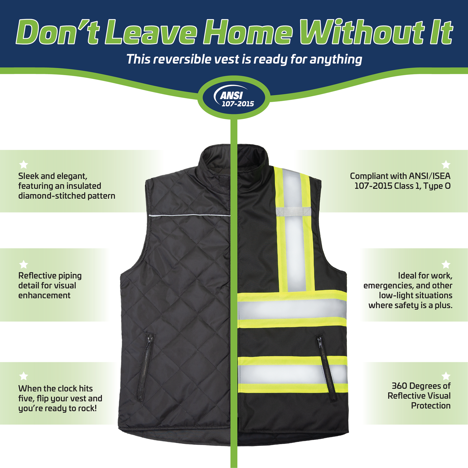 Features both sides of the hi vis insulated reversible safety vest . Text reads: Sleek, elegant, insulated diamond stitched pattern. Reflective piping for visual enhancement, compliant with ANSI ISEA 107 2015 class 1 type O. 360 degrees of reflective visual protection
