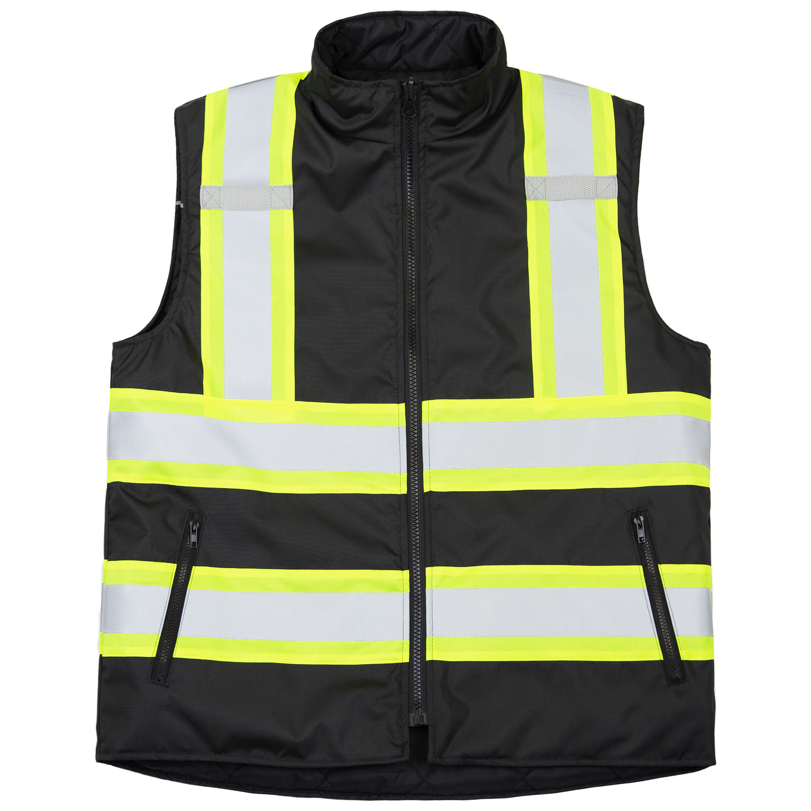 Front view of the black JORESTECH vi-vis X on back reversible insulated safety vest with reflective strips