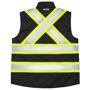 Back view of the black JORESTECH reversible safety vest with reflective strips and x on the back
