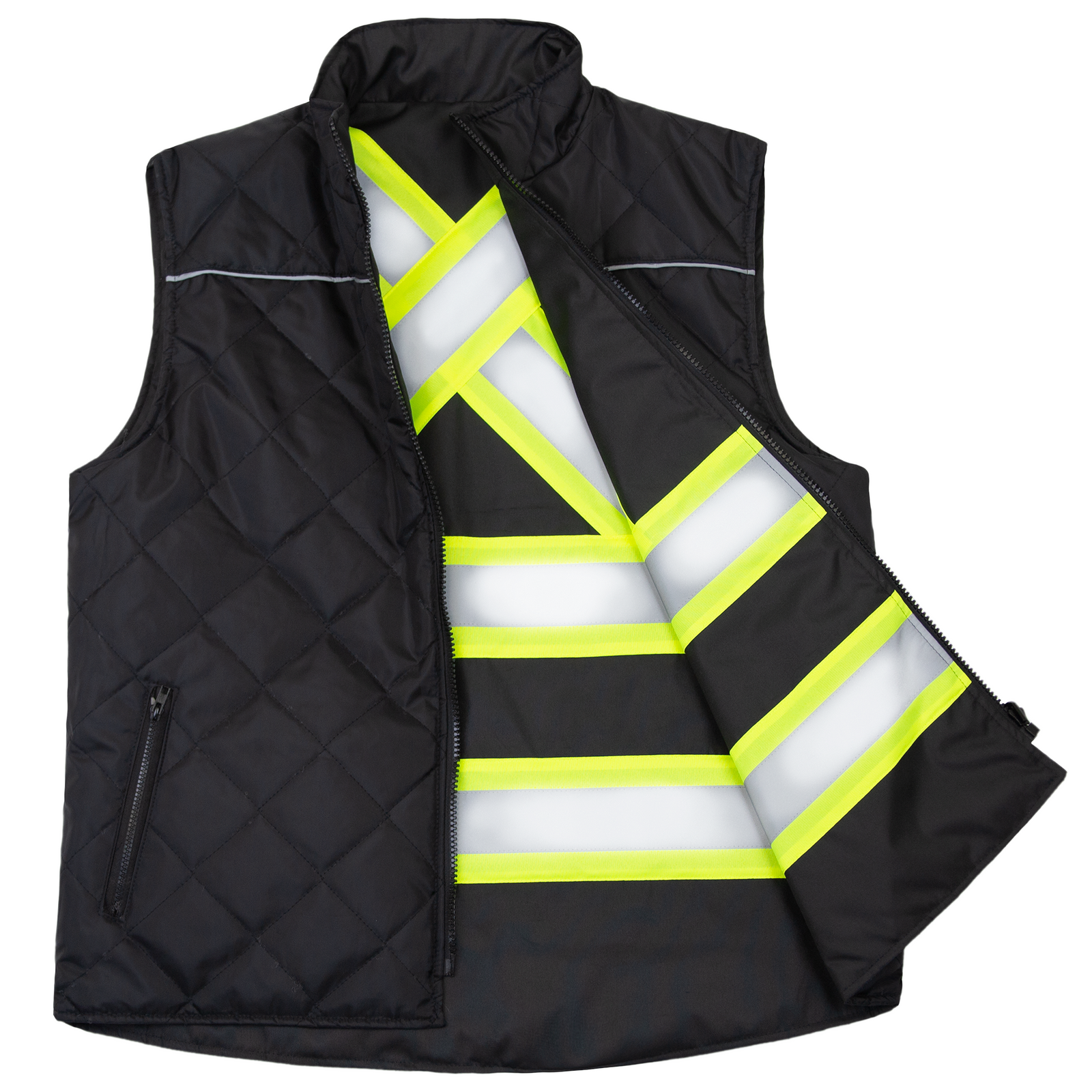 Diagonal view of the black side of the JORESTECH vi-vis X on back reversible insulated safety vest with reflective strips for cold weather