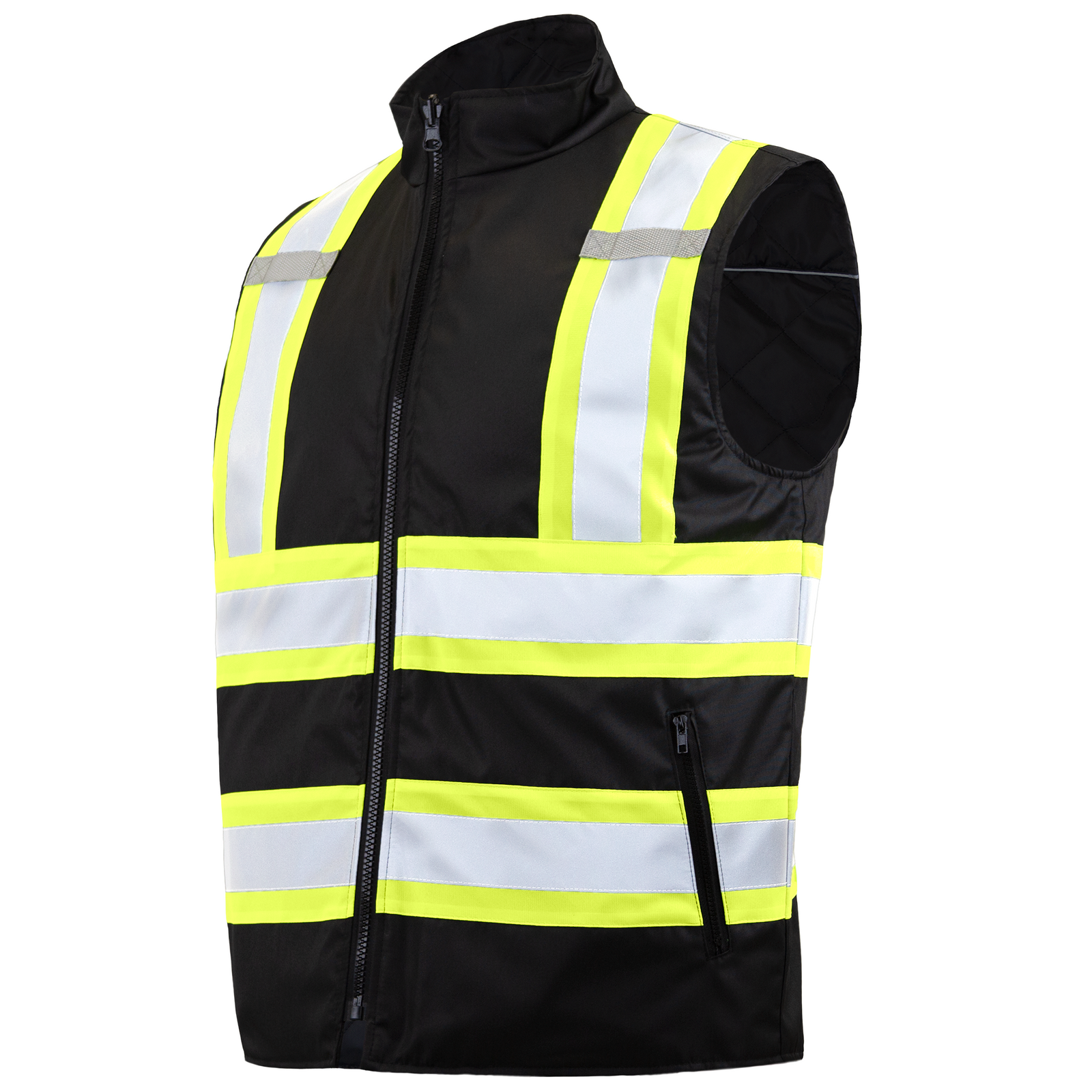 Diagonal view of the black JORESTECH vi-vis X on back reversible insulated waterproof safety vest with reflective strips