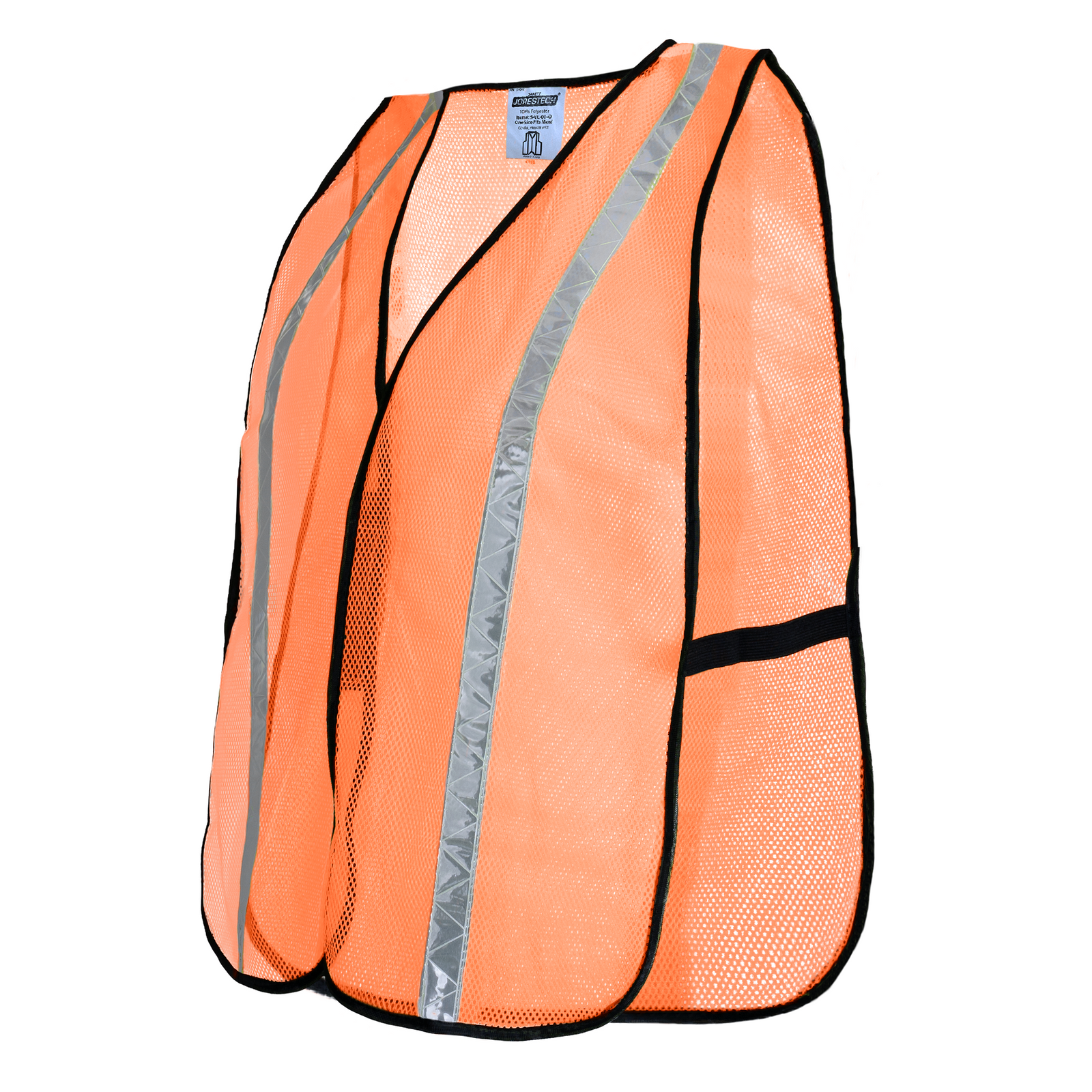 Diagonal view of an orange high visibility JORESTECH® mesh safety vest with 1 inch reflective strip and black side elastic straps 