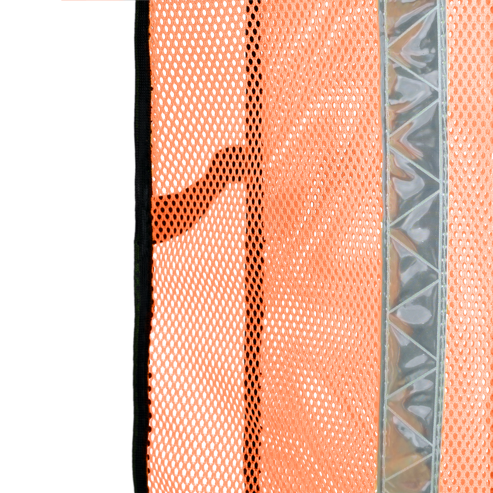 Close up showing the hi visibility orange mesh and the reflective stripe on the safety vest