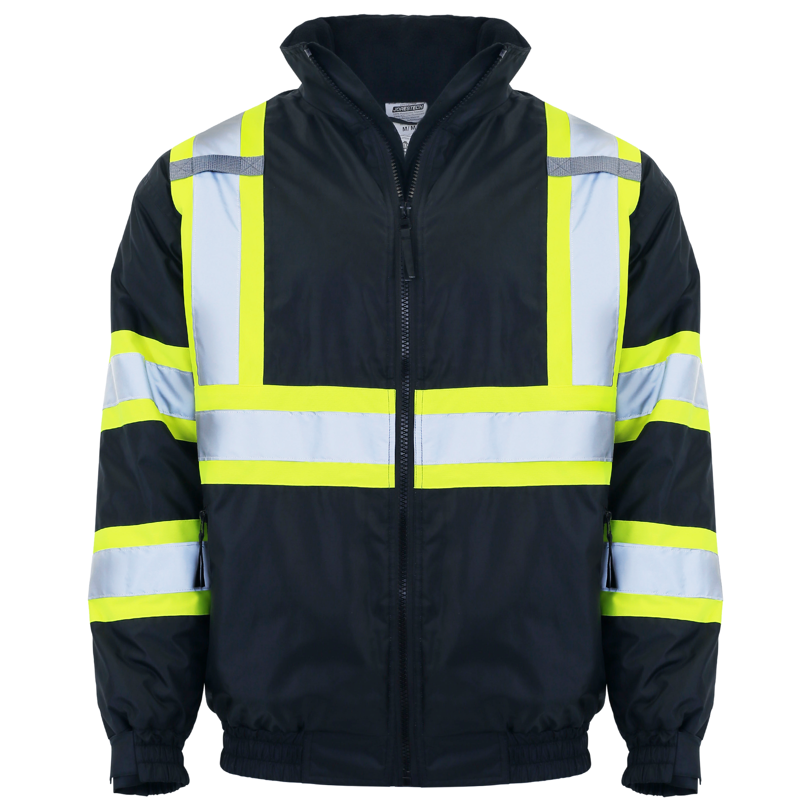 Front view the black JORESTECH Hi-vis two tone safety bomber jacket with lime reflective stripes and a reflective X on the back