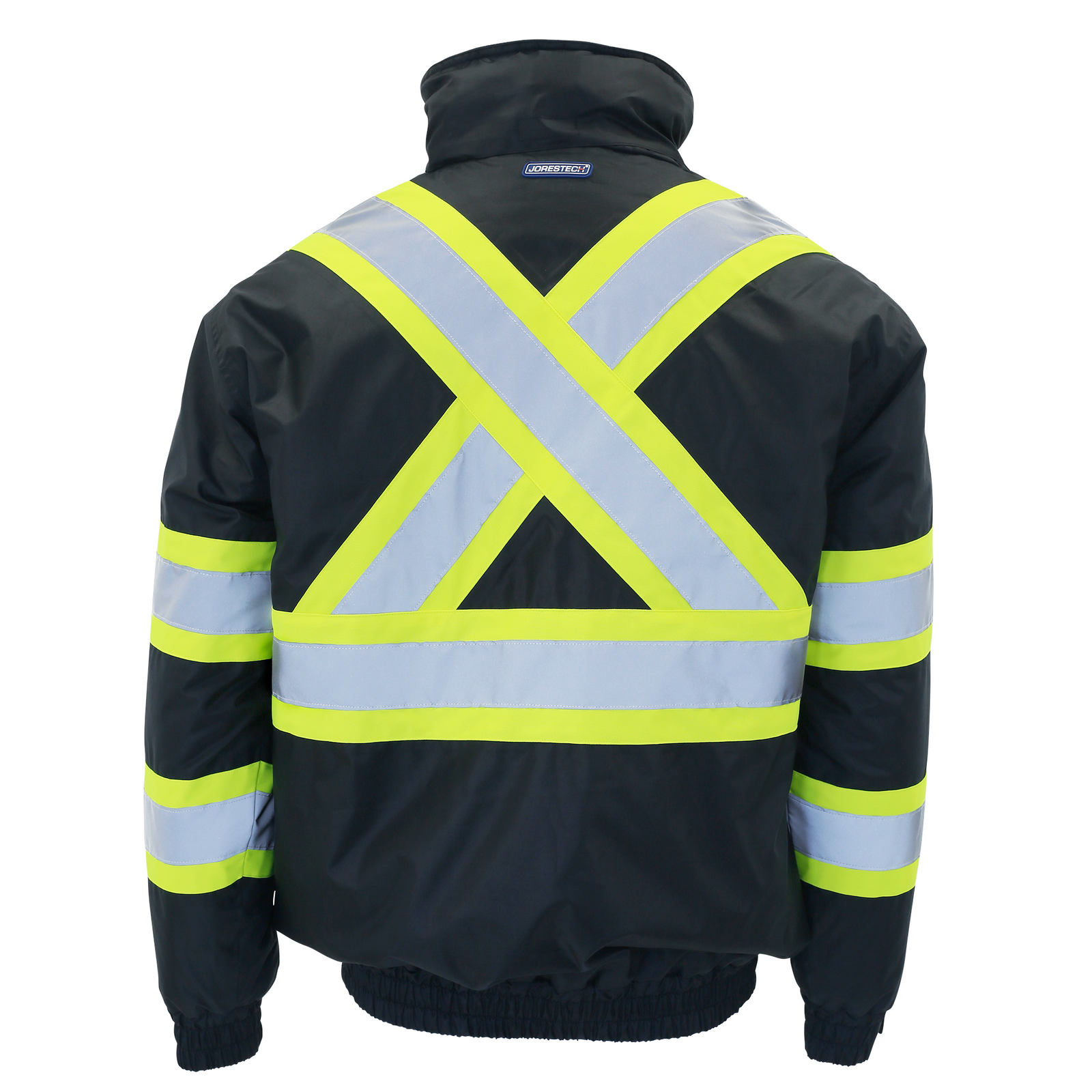 Back view the black JORESTECH Hi-vis two tone safety bomber jacket with lime reflective stripes and a reflective X on the back ANSI class 1 type O