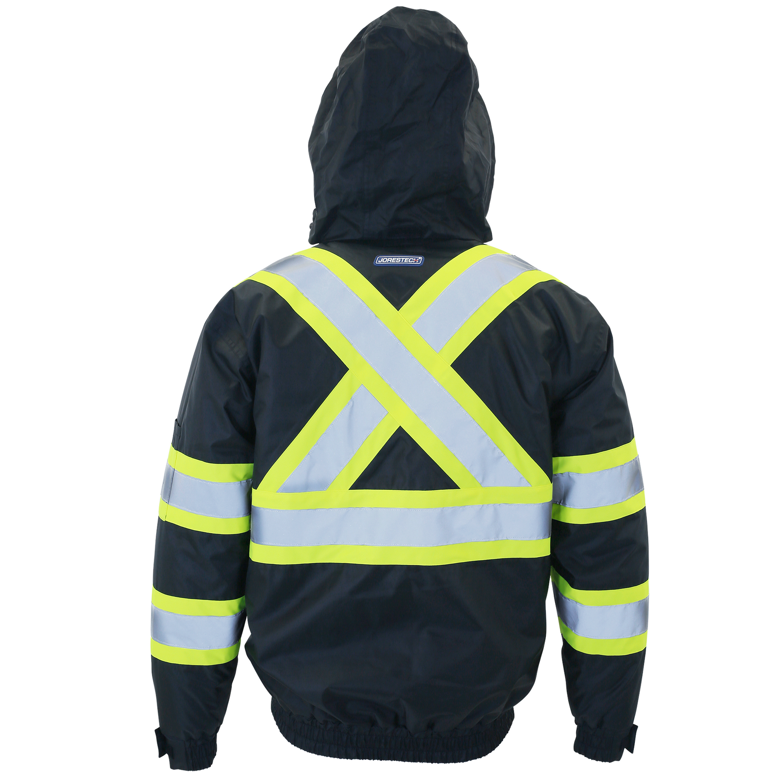 Black and yellow hi-vis two tone safety bomber jacket with lime reflective stripes and a reflective X on the back