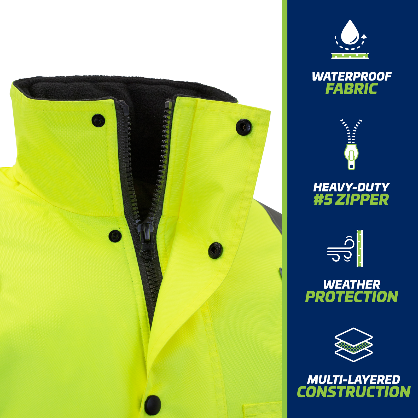 Icons with text show hi vis safety parka jacket with heavy duty zipper, waterproof fabric, fleece neck liner, flap with buttons to cover zipper, and multilayer construction for weather protection