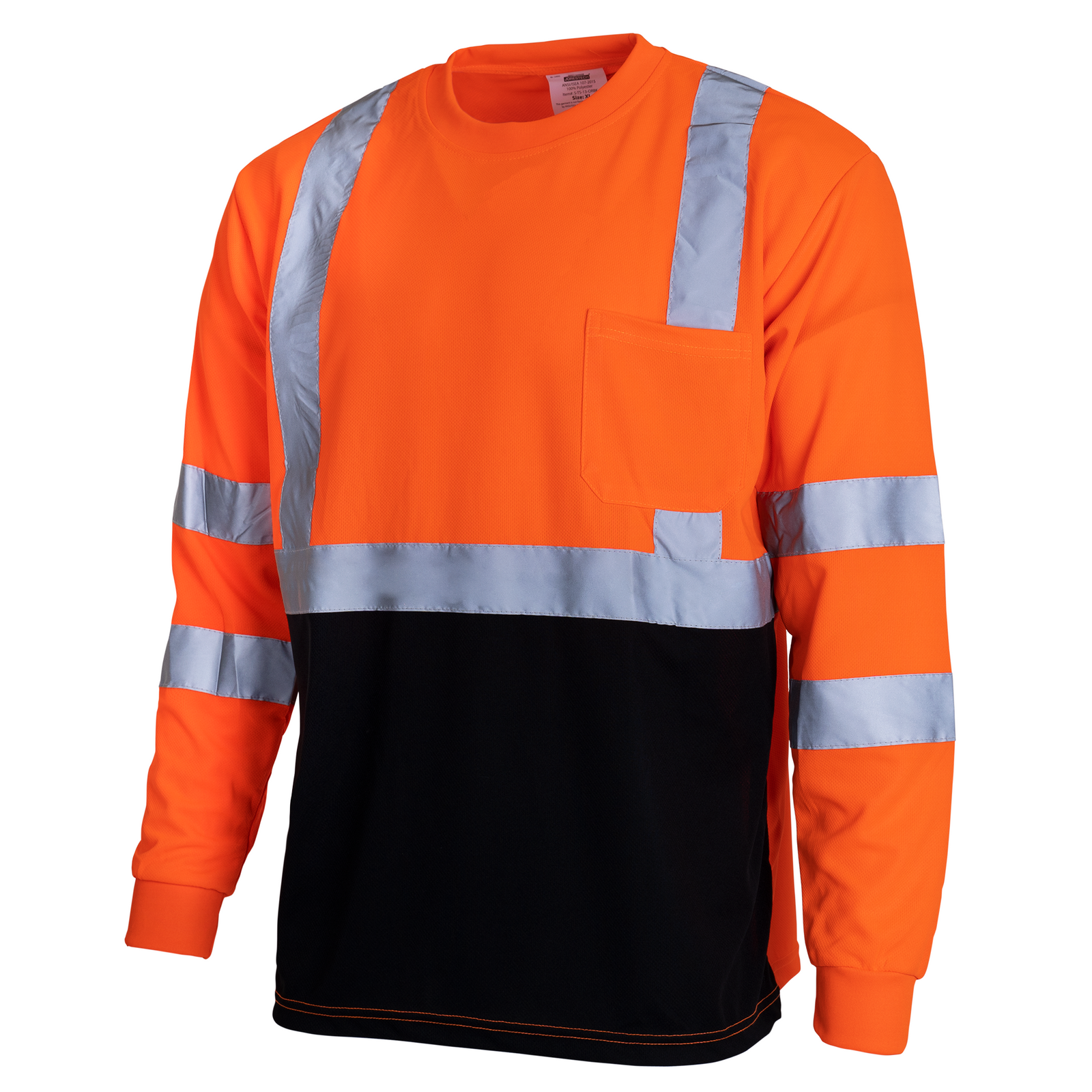 Diagonal view of the orange black hi-vis reflective JORESTECH safety long sleeve shirt 