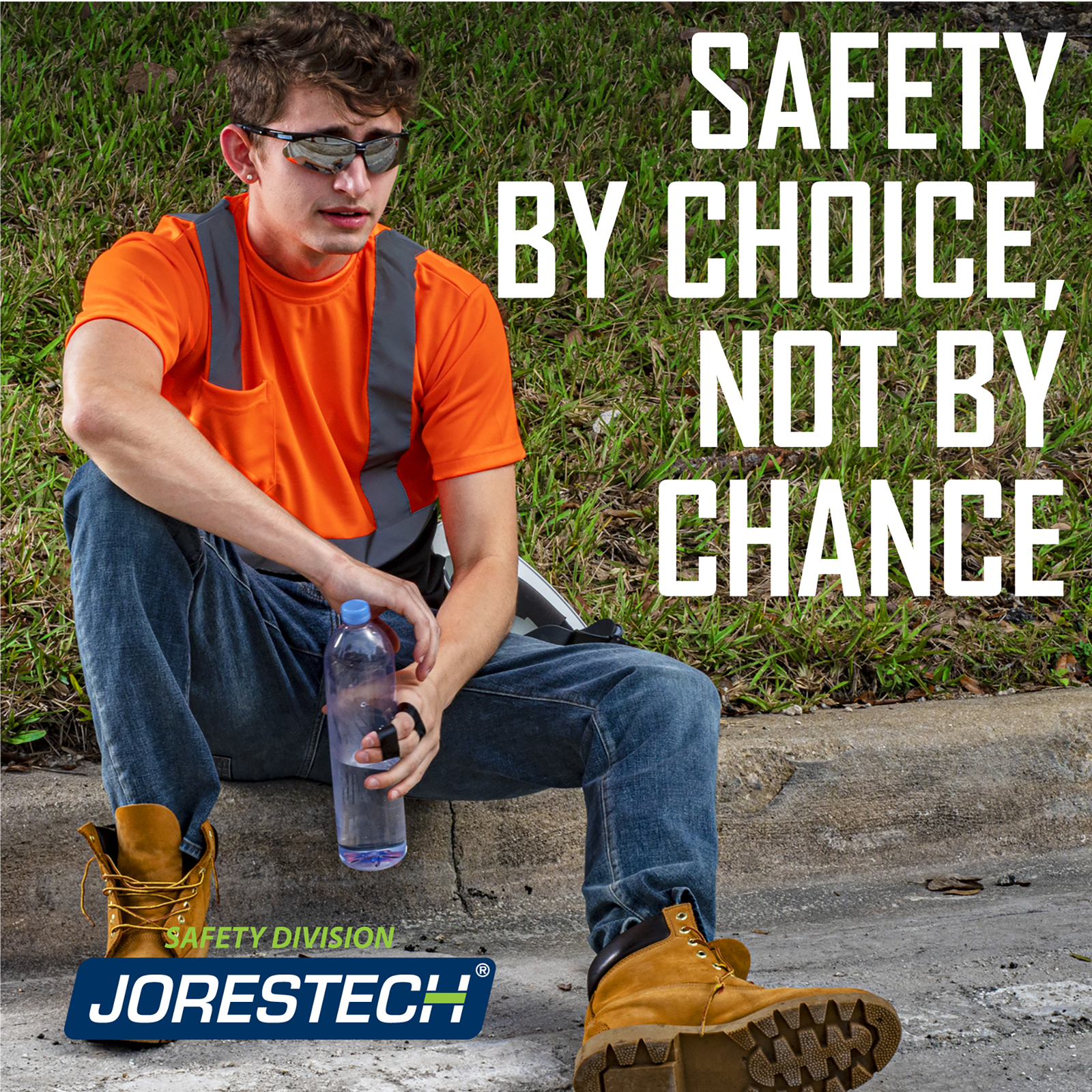 Worker wearing a JORESTECH orange and black safety shirt . He is sitting on the floor with a bottle of water cooling off in a construction. A statement reads, safety by choice not by chance.