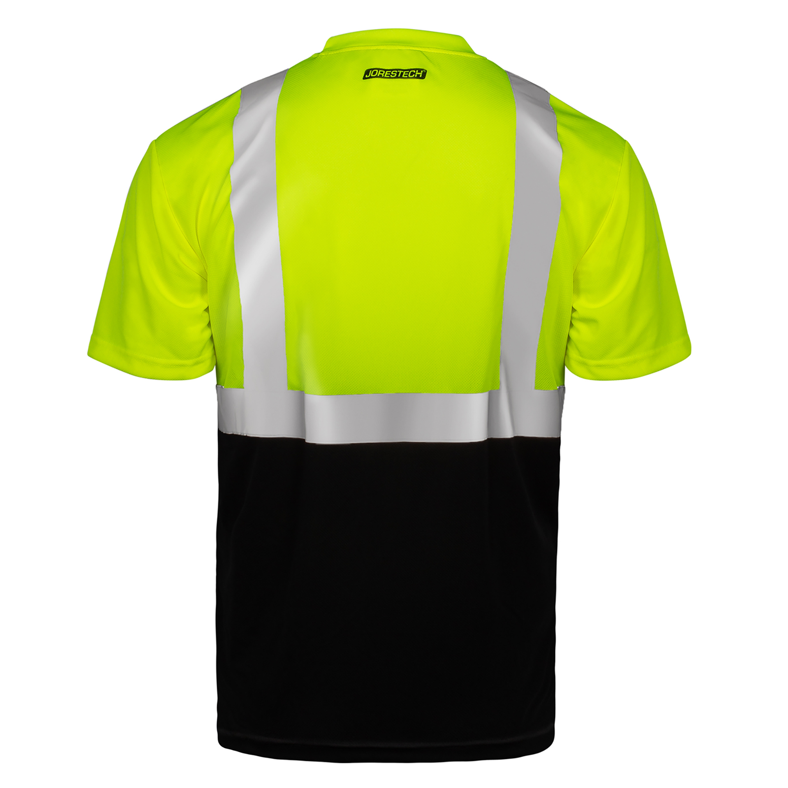 Back of the Jorestech yellow and black safety shirt with reflective strips and chest pocket