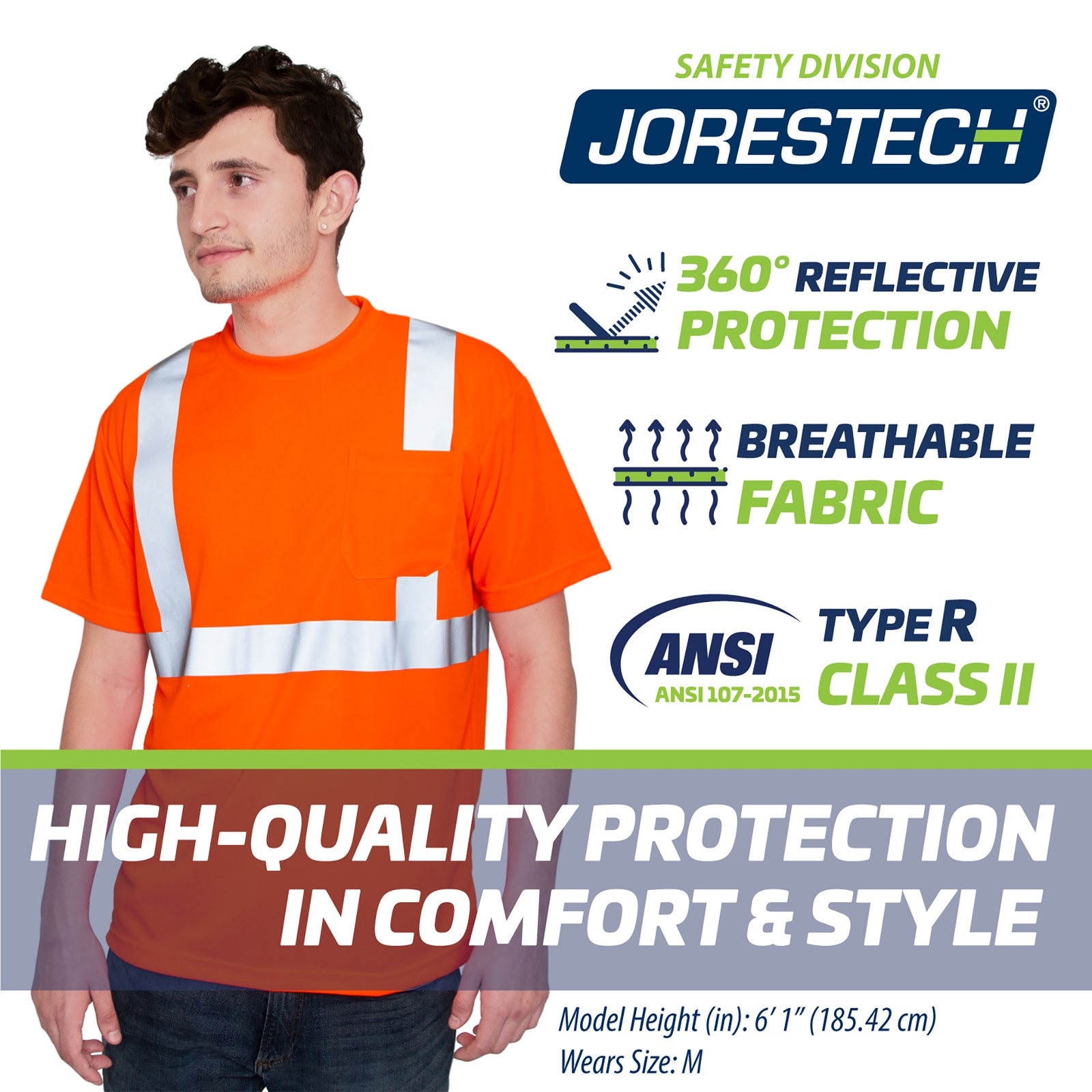 A person wearing the orange hi vis reflective safety pocket JORESTECH shirt and blue and green icons that mention 360 degrees reflective protection, breathable fabric,, ANSI type R class 2 , high quality protection in comfort and style