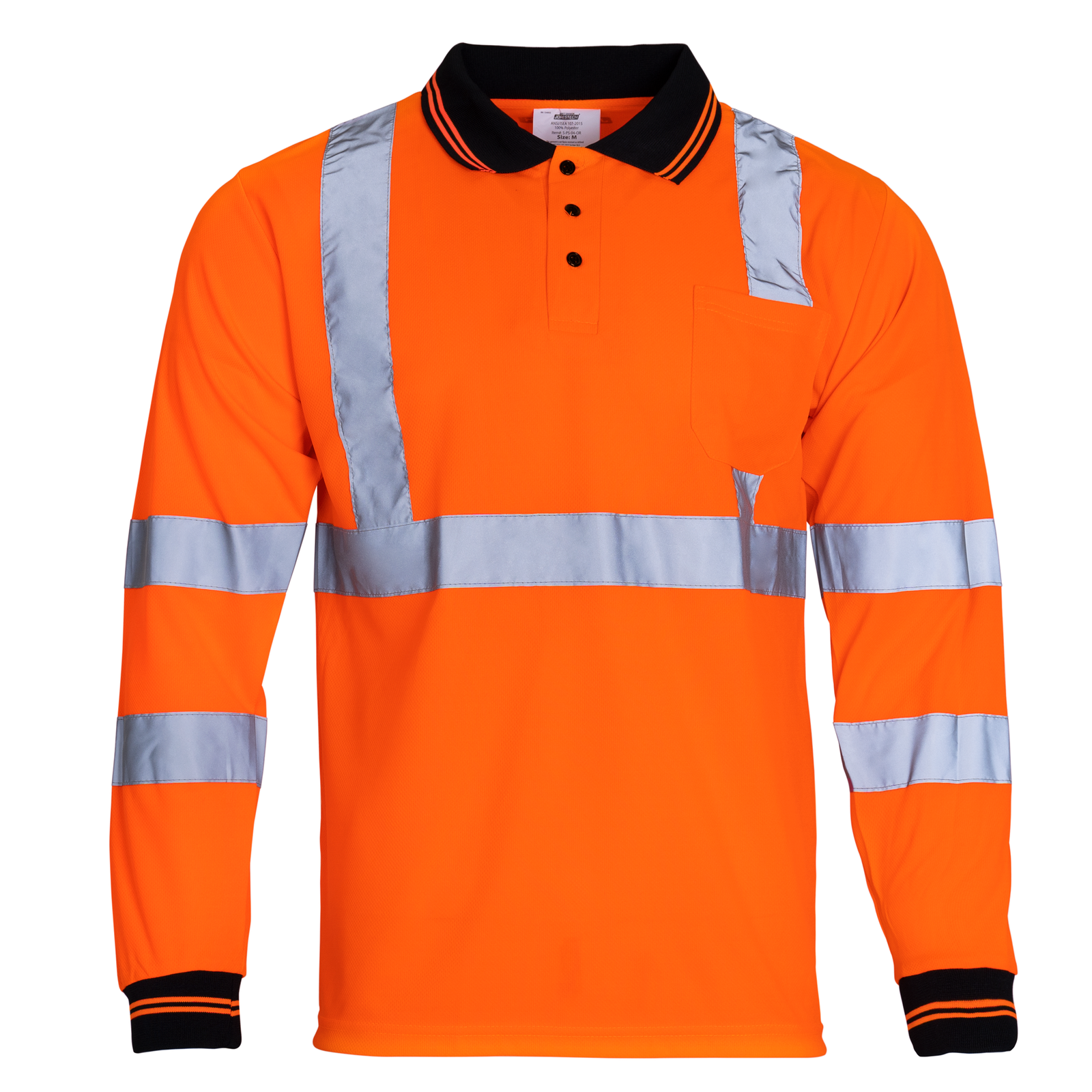 Front of the fluorescent orange high visibility safety shirt long sleeve polo shirt class 3 type R