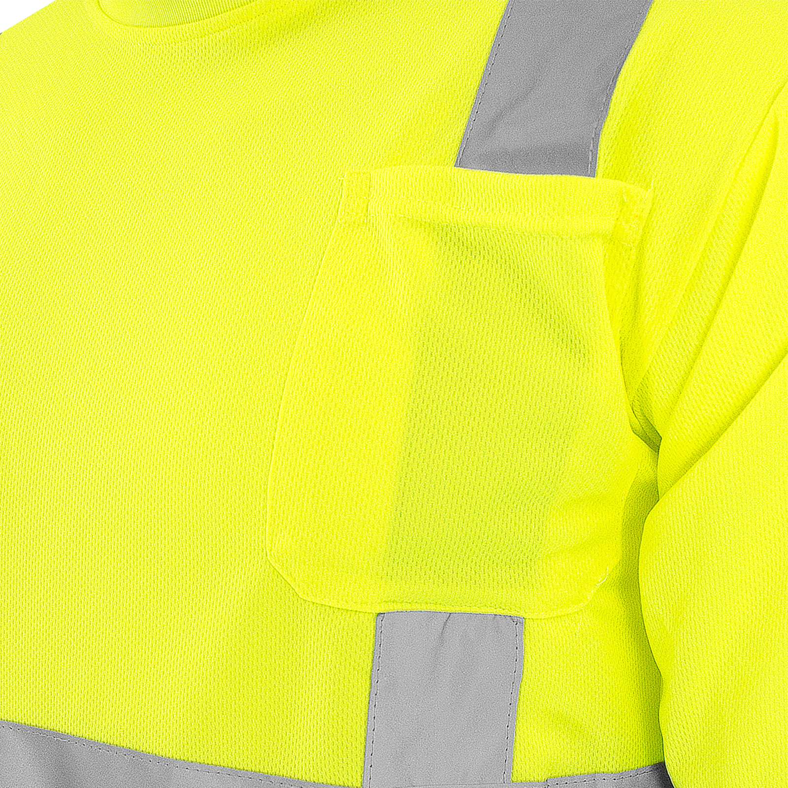Close up of the pocket, the 2 inches reflective strip and the breathable birds eye fabric of the Hi-Vis JORESTECH safety shirt
