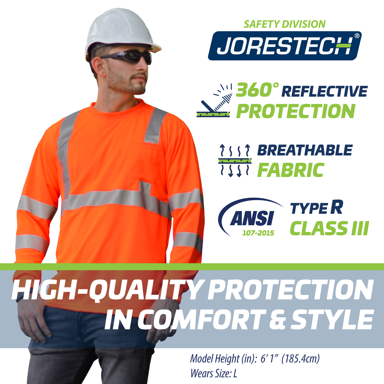 A worker wearing the orange long sleeve hi vis reflective safety pocket shirt and blue and green icons that mention 360 degrees reflective protection, breathable fabric,, ANSI type R class 3, high quality protection in comfort and style