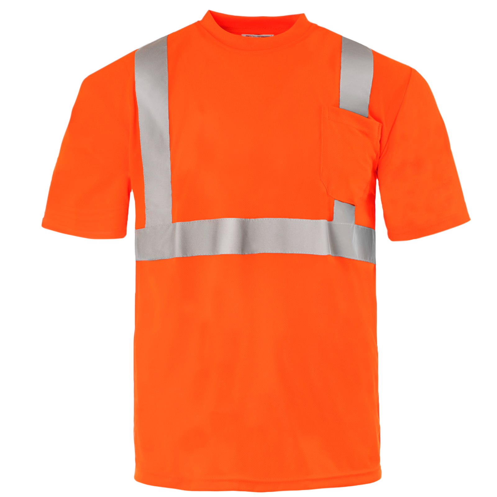 Front view of the orange hi-vis reflective safety pocket ANSI shirt