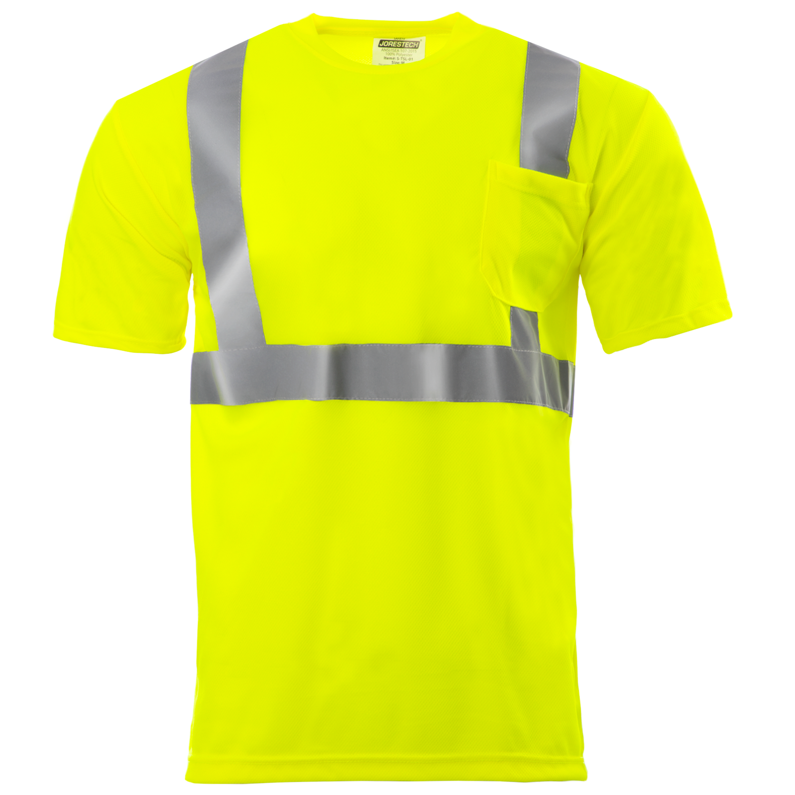 Front view of the yellow/lime hi-vis reflective safety pocket JORESTECH short sleeve shirt with breathable birds eye fabric