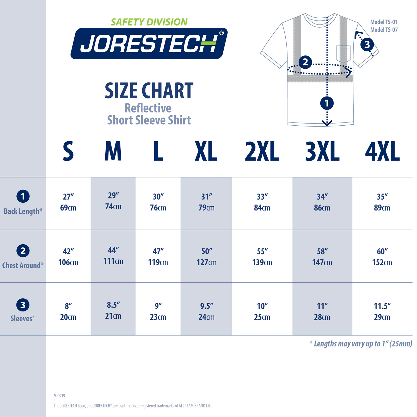 Size chart for a short sleeve JORESTECH safety shirt