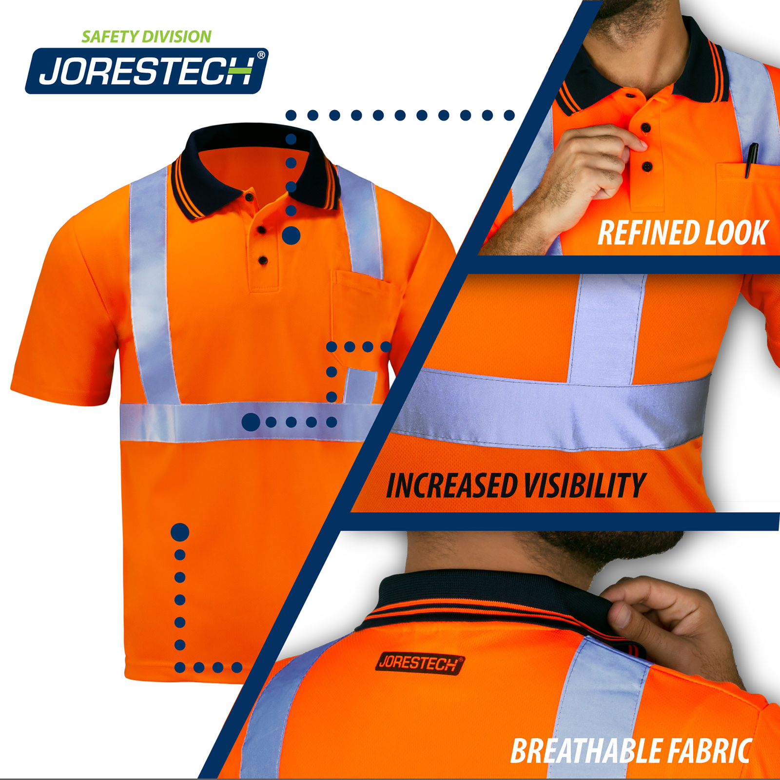JORESTECH orange polo safety shirt and 3 call outs that read: refined look, increased visibility, breathable fabric.
