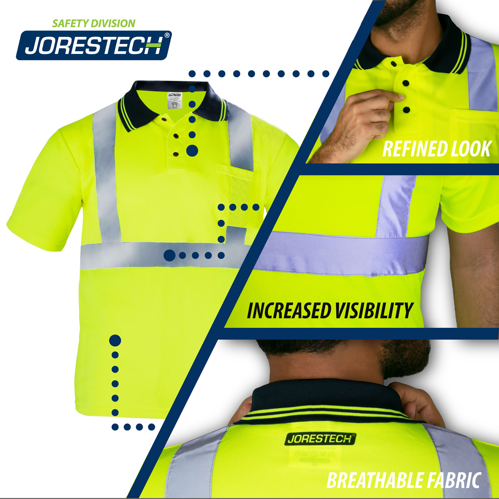 The JORESTECH Lime safety polo shirt and 3 call outs read: refined look, increased visibility, breathable birds eye fabric.