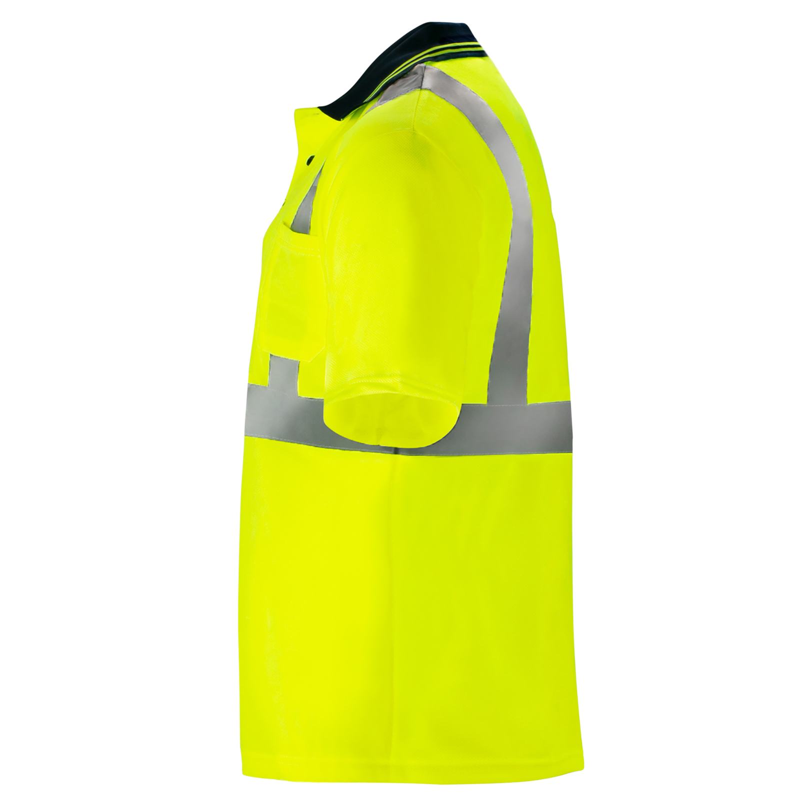 Side view of a hi vis yellow reflective safety polo shirt. The shirt is short sleeve, has a polo collar and buttons.
