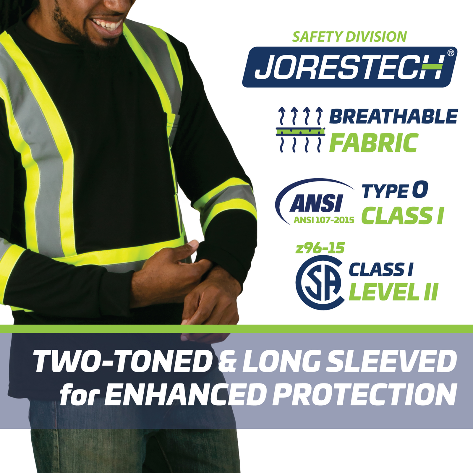 A man wearing a Black and yellow Reflective safety shirt. The following information is provided in the image: Breathable fabric, ANSI Type O, Class I. SA Class I Level II. Two toned for enhanced protection.