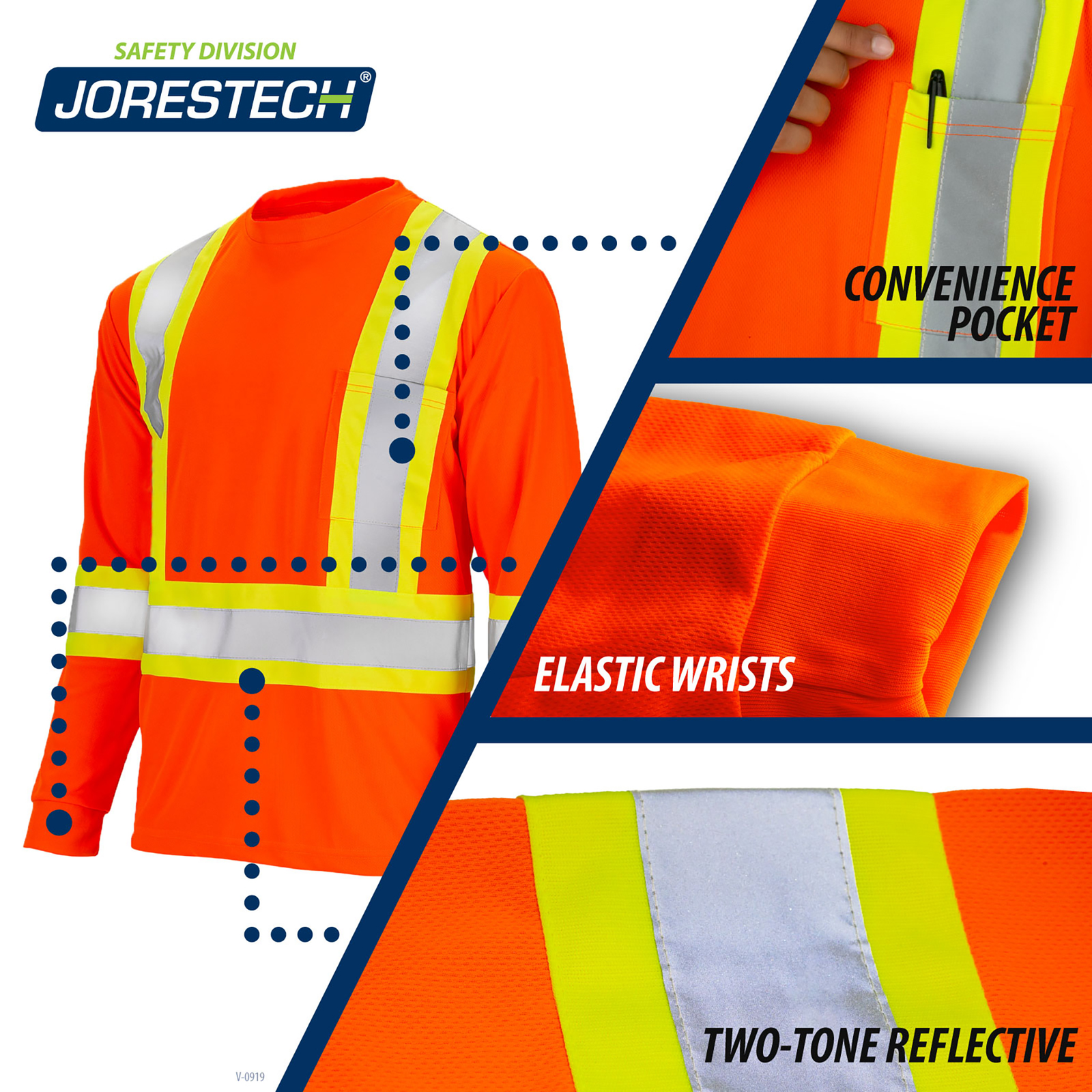 The safety shirt is shown plus 3 call outs that read: Convenience chest pocket, two tone reflective