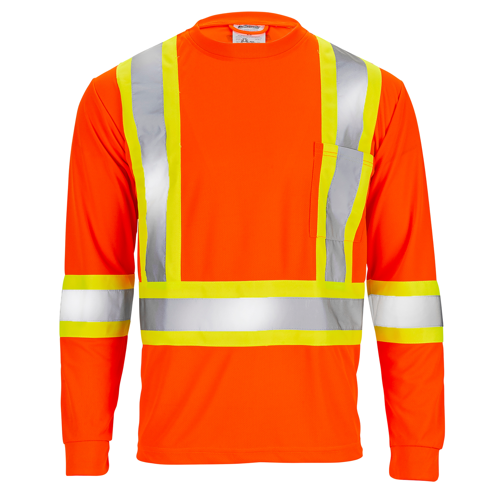 Front view of a Hi-vis reflective two tone safety orange and  yellow strips pocket long sleeve shirt