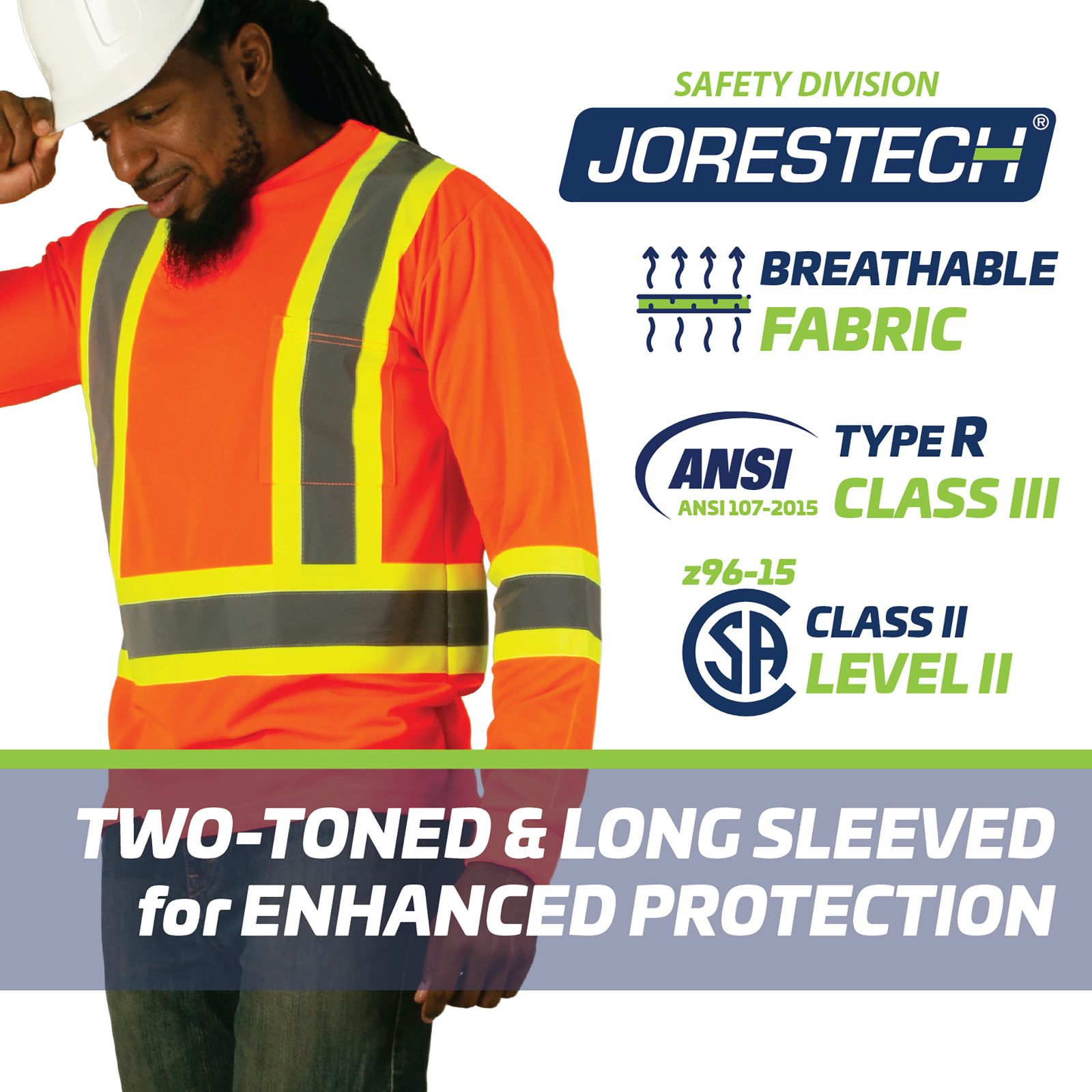  Man wearing an orange and yellow strips Reflective safety shirt. Icons with text read: Breathable fabric, ANSI Type R, Class III. SA Class II Level II. Two toned for enhanced protection.