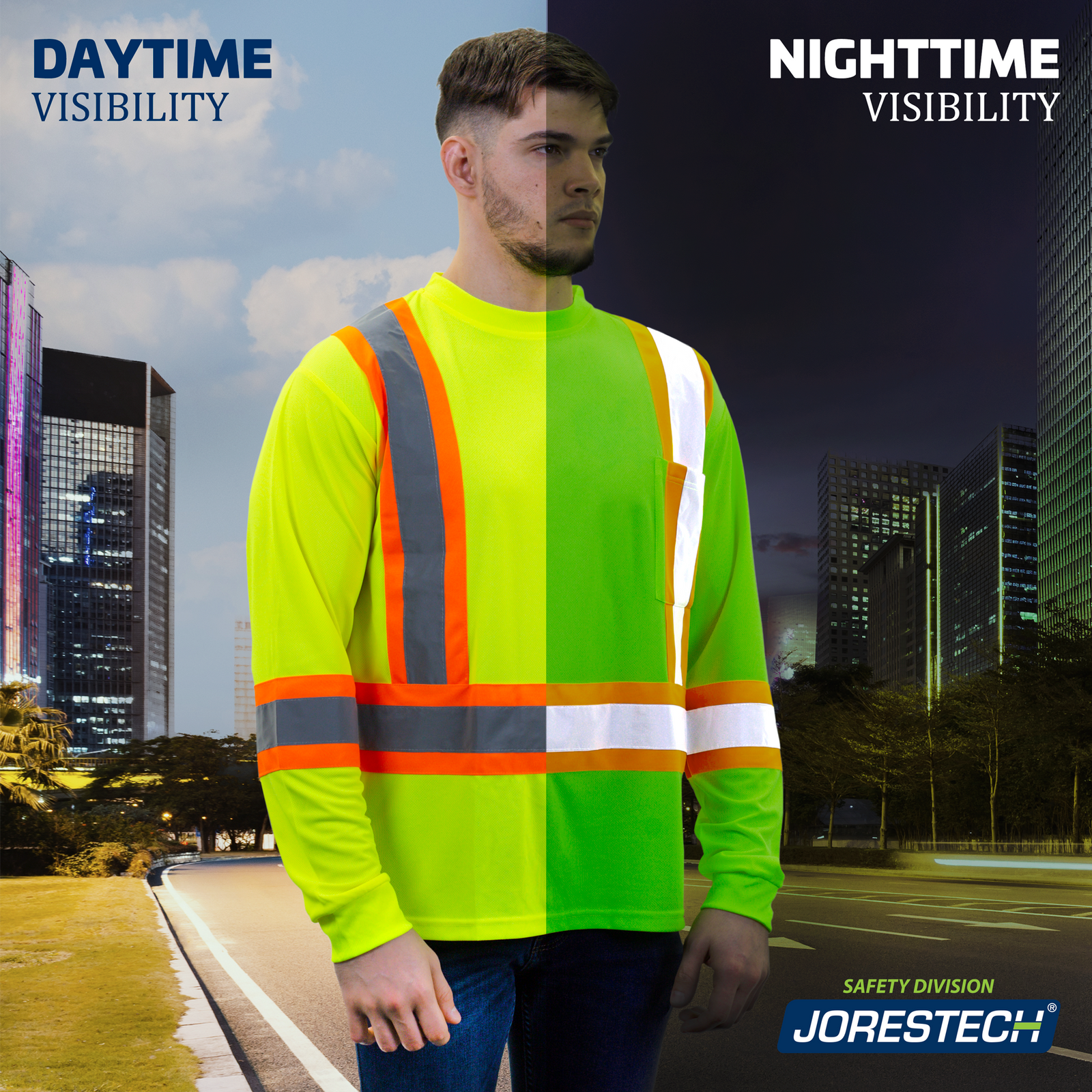 A man standing in the middle of the road while wearing a JORESTECH High Visibility yellow long sleeve safety shirt. Compares the fourescent and the reflective materials at day time and at night time.