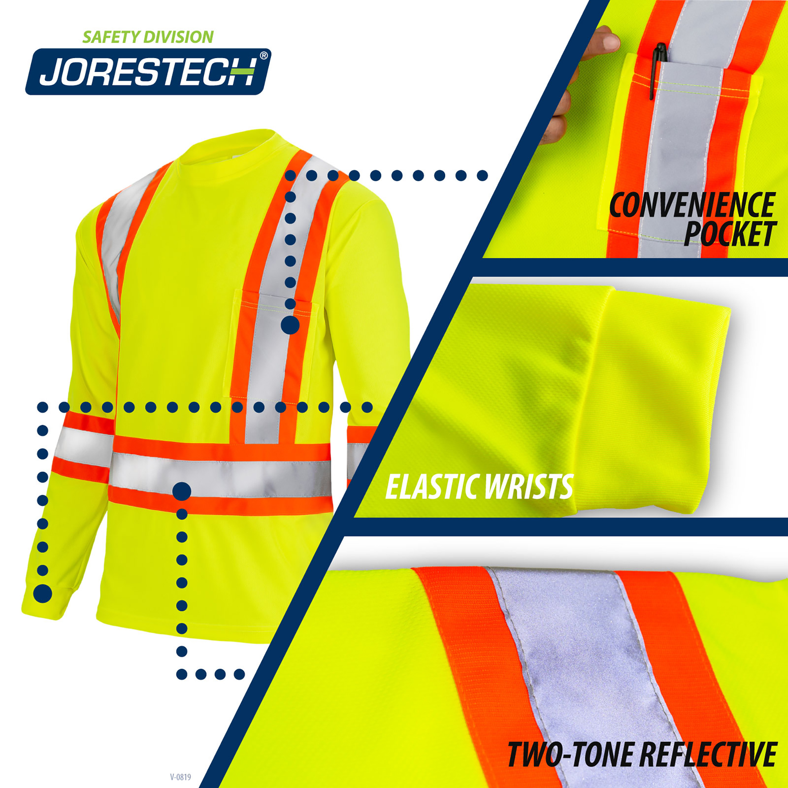 Safety shirt is shown with 3 call outs that read: Convenience chest pocket, two tone reflective and elastic wrists