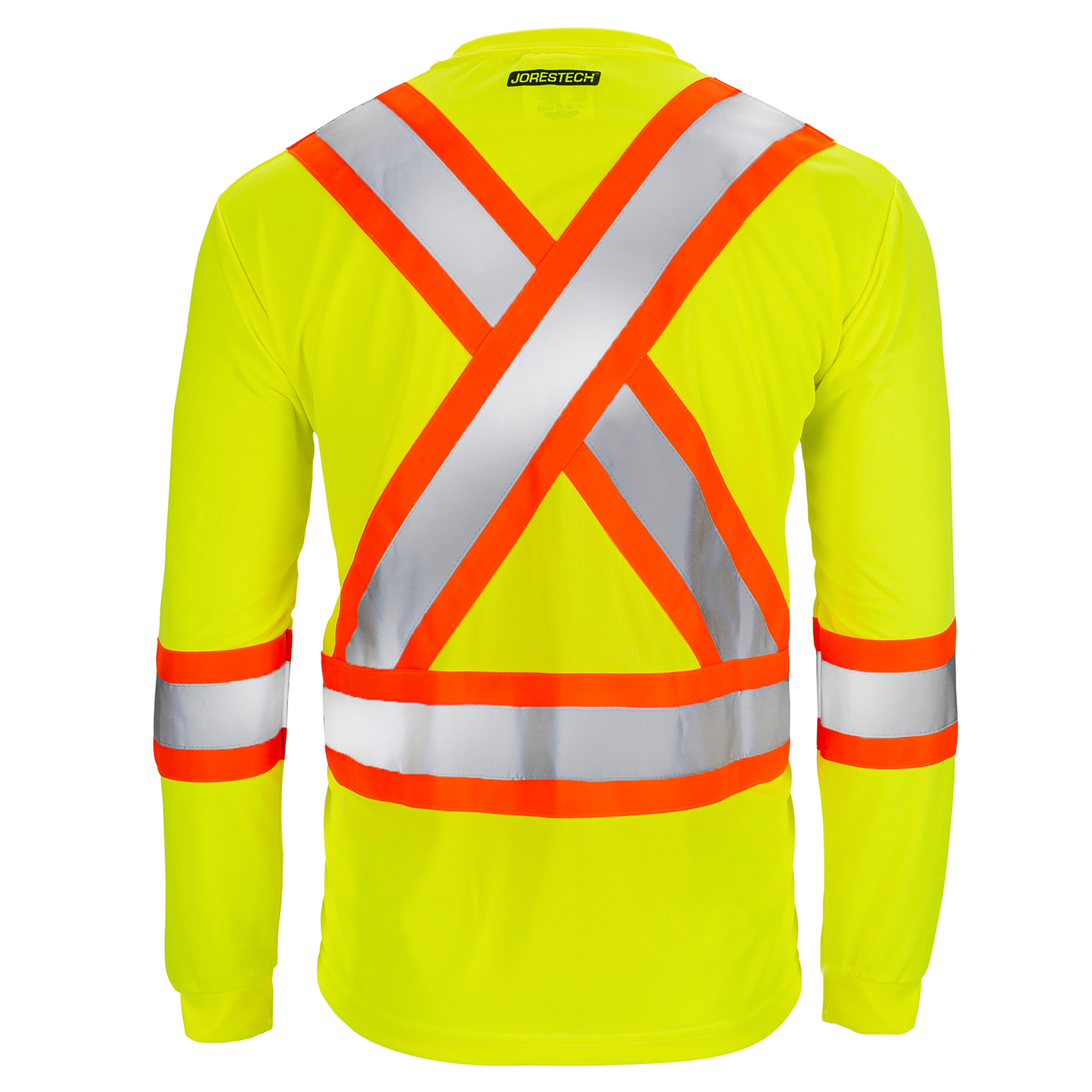 Back of a Hi-vis reflective two tone safety yellow and orange strips with chest pocket and long sleeve shirt 