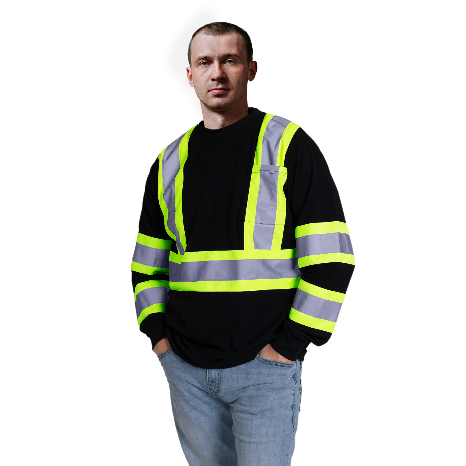 A man wearing the long sleeve black and yellow hi-vis JORESTECH safety long sleeve shirt class 1 type O
