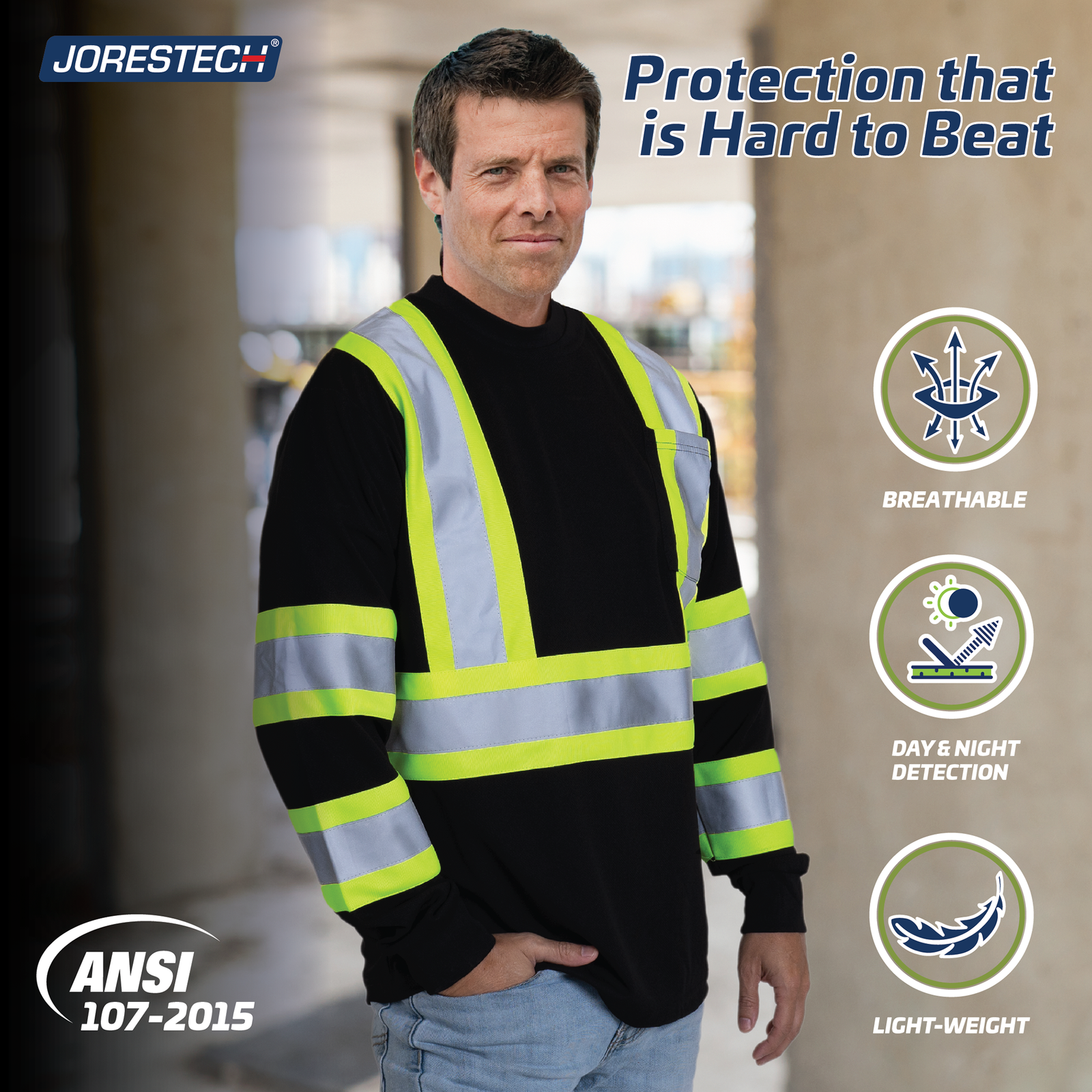 A man wearing the 2 tone high visibility reflective safety long sleeve shirt. text reads: breathable, day and night detection and light weight. ANSI compliant 107-2015