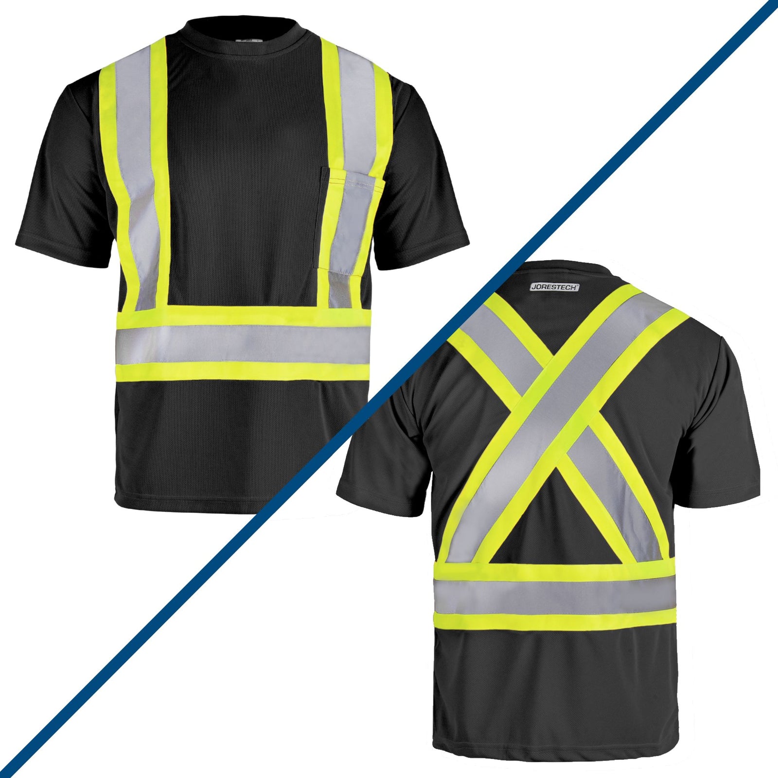 Front and back of a black JORESTECH safety shirt with chest pocket and X on the back
