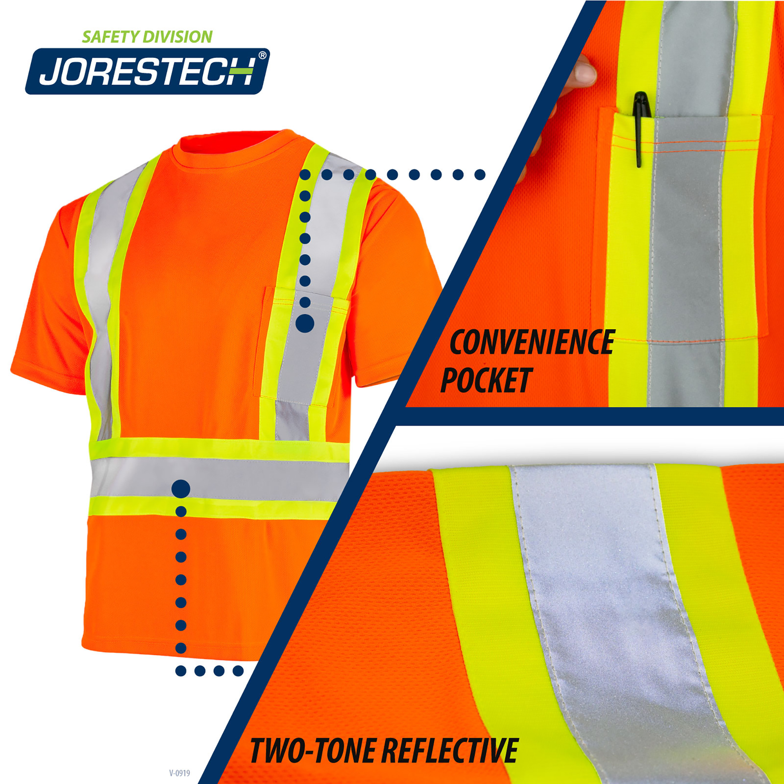 Safety shirt is shown plus 2 call outs that read: Convenience chest pocket, two tone reflective