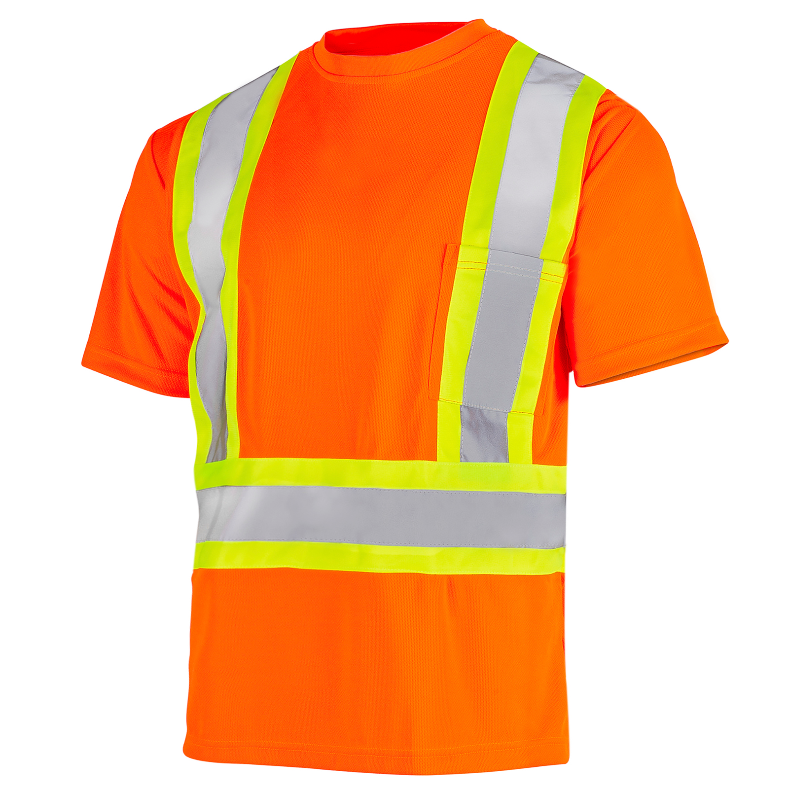 Diagonal view of a Hi-vis reflective two tone safety orange yellow pocket shirt 