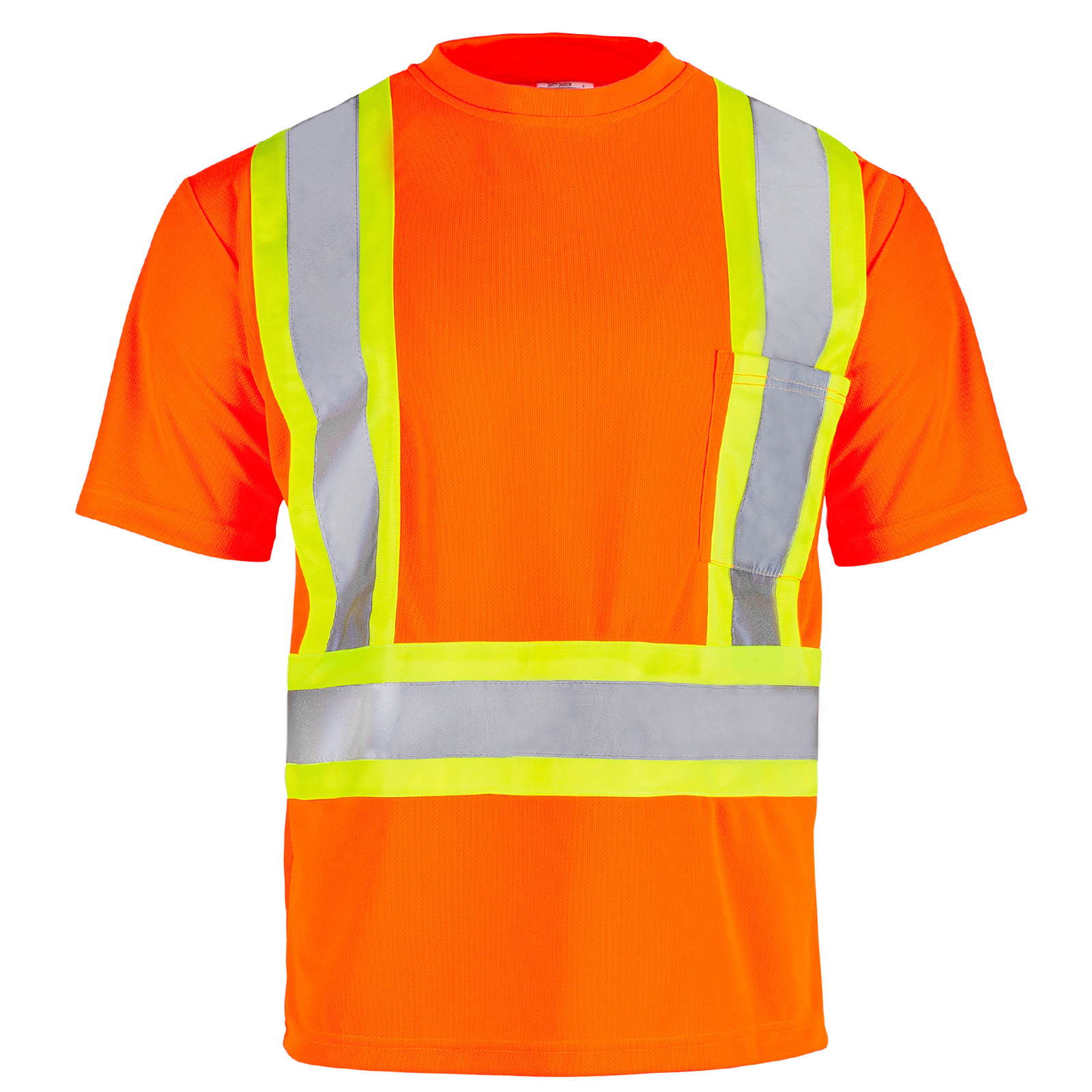 Front view of a Hi-vis reflective two tone safety orange yellow pocket shirt 
