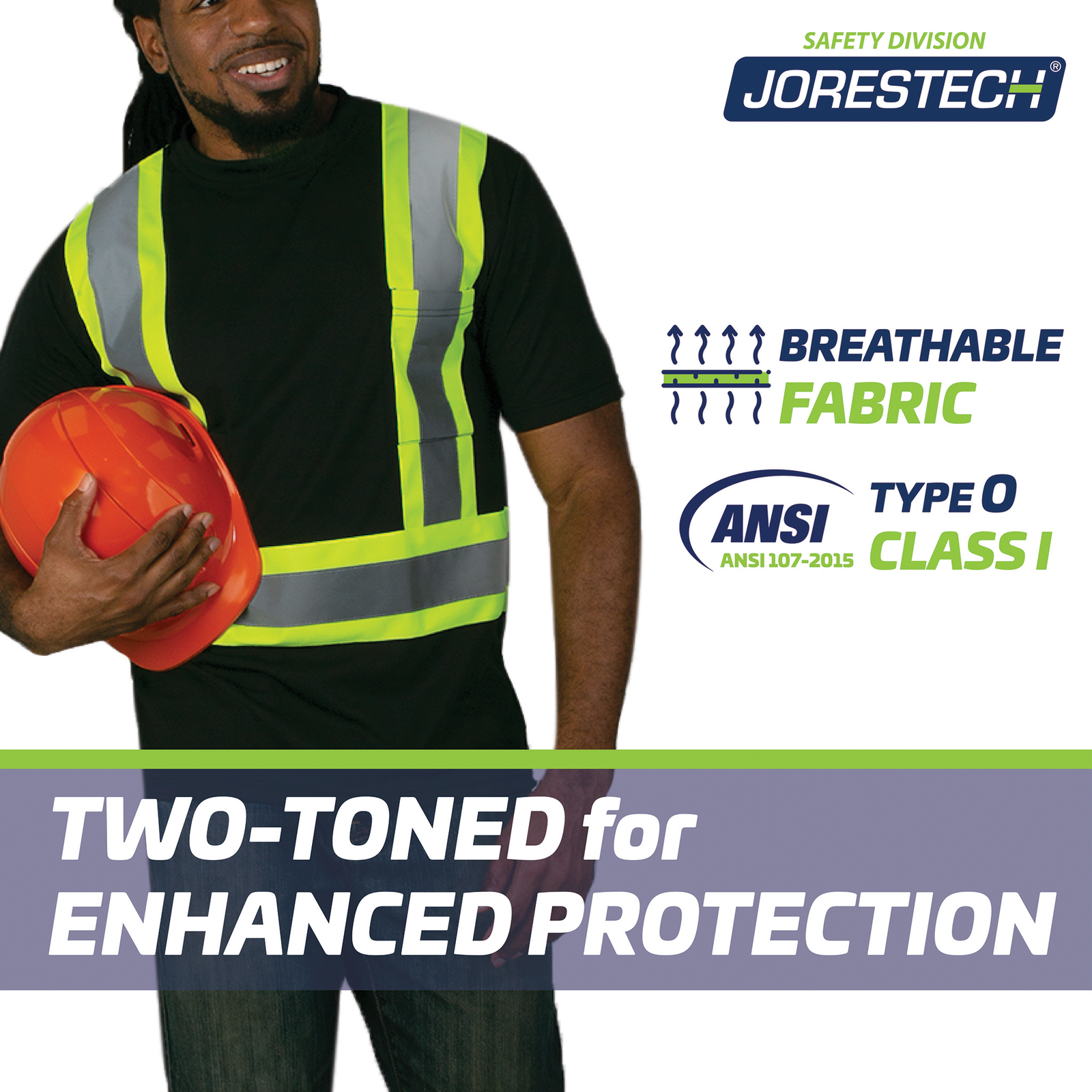 A man wearing the black Jorestech safety shirt with reflective and yellow stripes. Icons read: breathable fabric and ANSI Type O class 1. Two tone for enhanced protection.