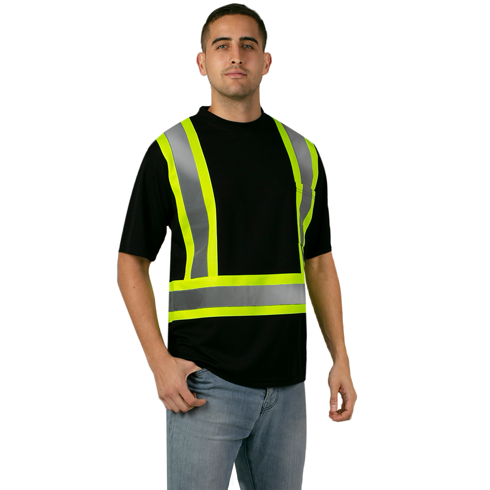 A man wearing the hi-vis JORESTECH reflective two tone safety shirt