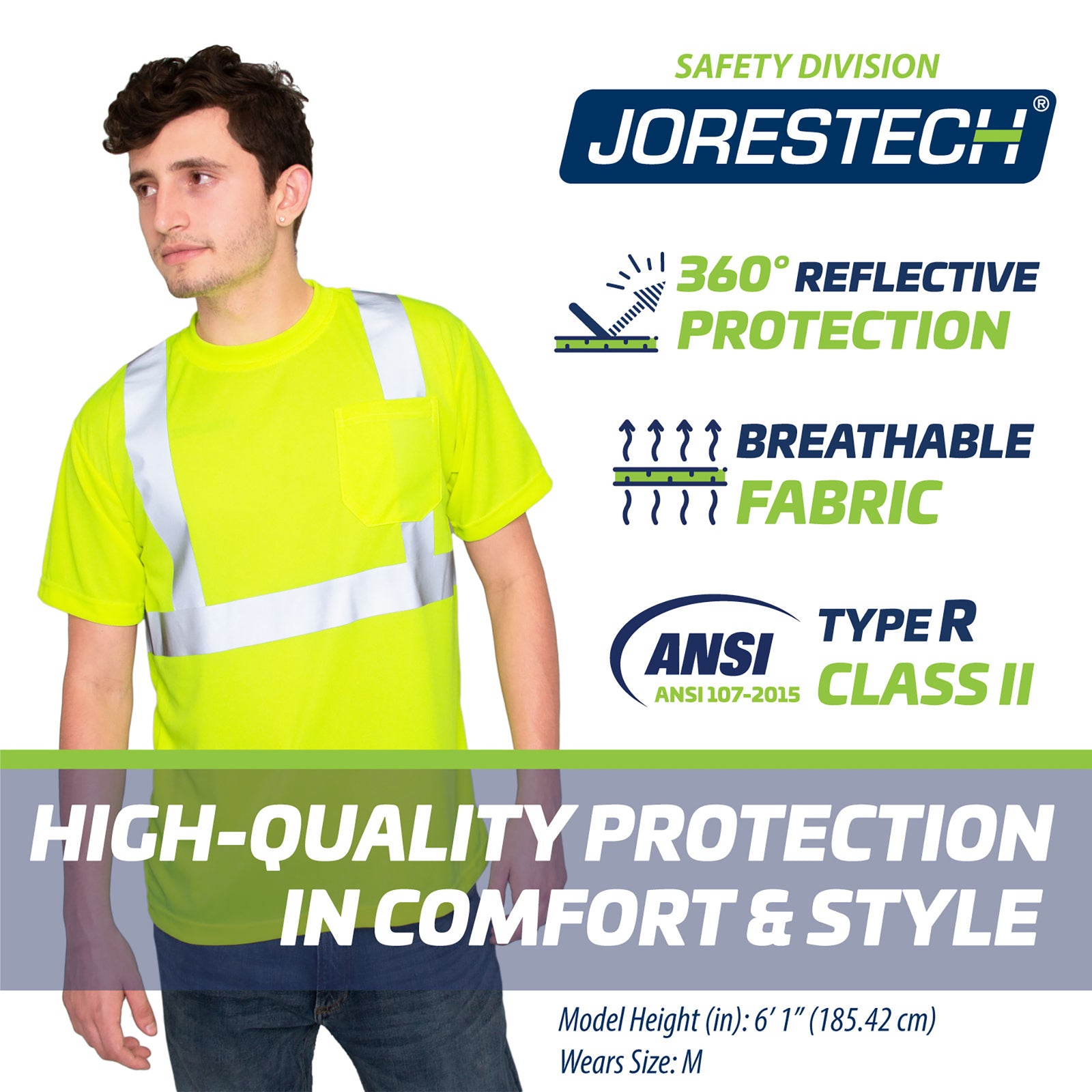 A man wearing the yellow JORESTECH hi vis reflective safety pocket shirt and blue and green icons that mention 360 degrees reflective protection, breathable fabric,, ANSI type R class 2 , high quality protection in comfort and style