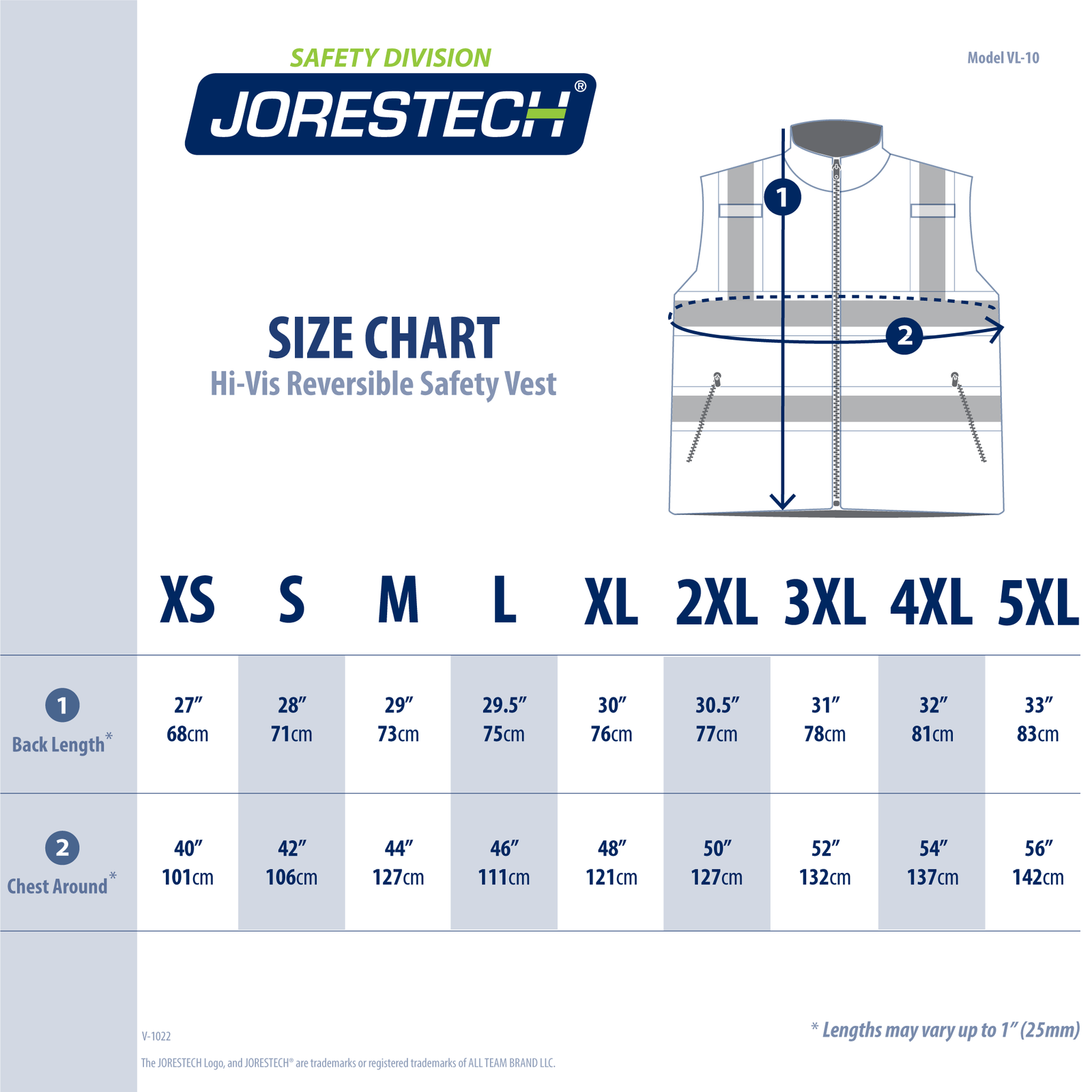 Size chart ANSI class 2 type R safety vest