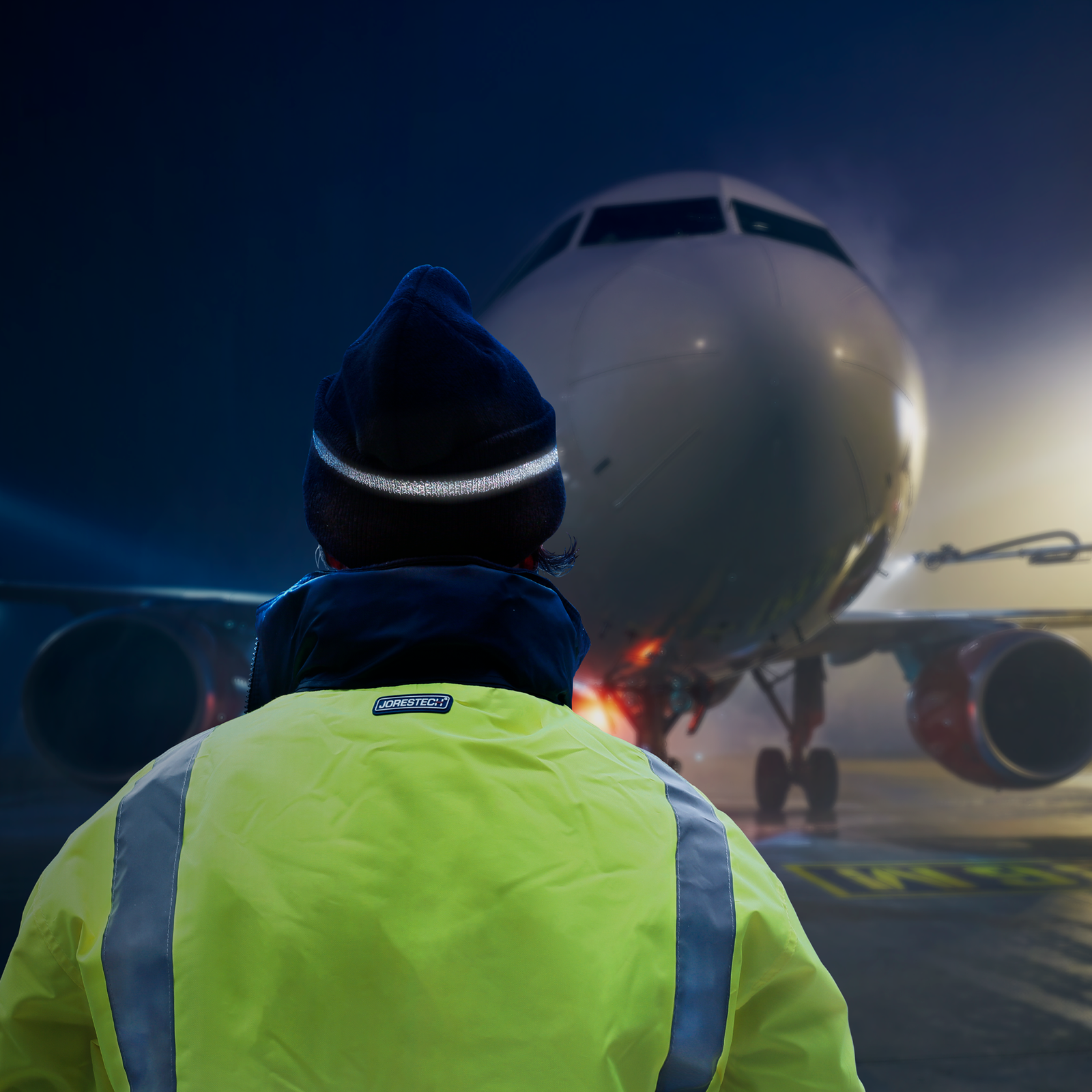 Man wearing a black reflective beanie hat and a Vi-vis lime reflective jacket while directing an airplane through the runway at night time