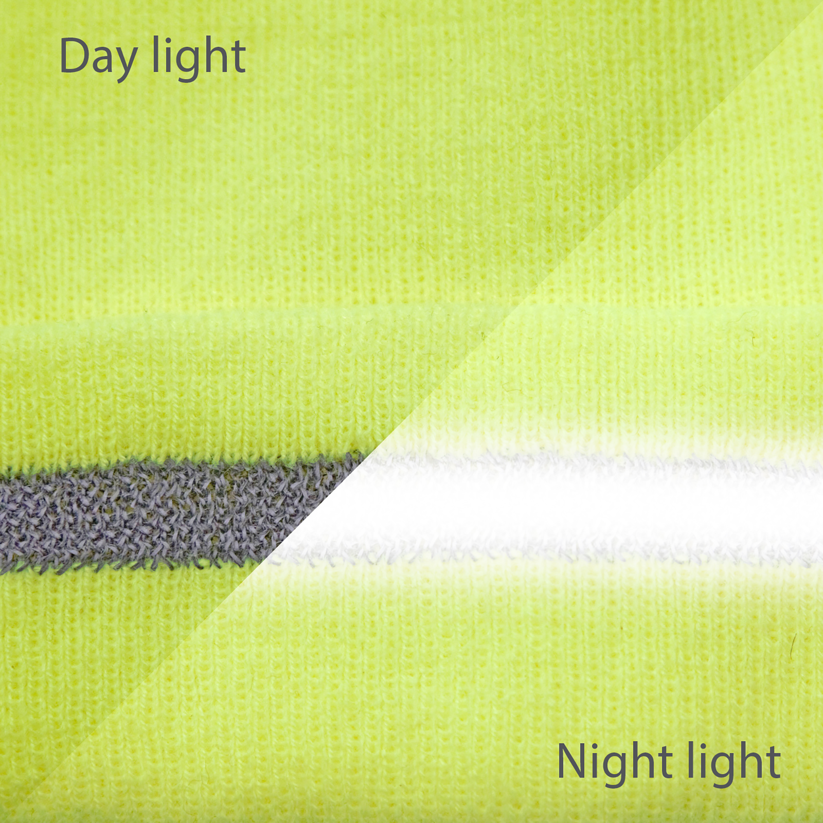 Close-up of the reflective stripe of the knitted vi visibility beanie during day time and night time. Reflective stripe becomes much brighter during night time.