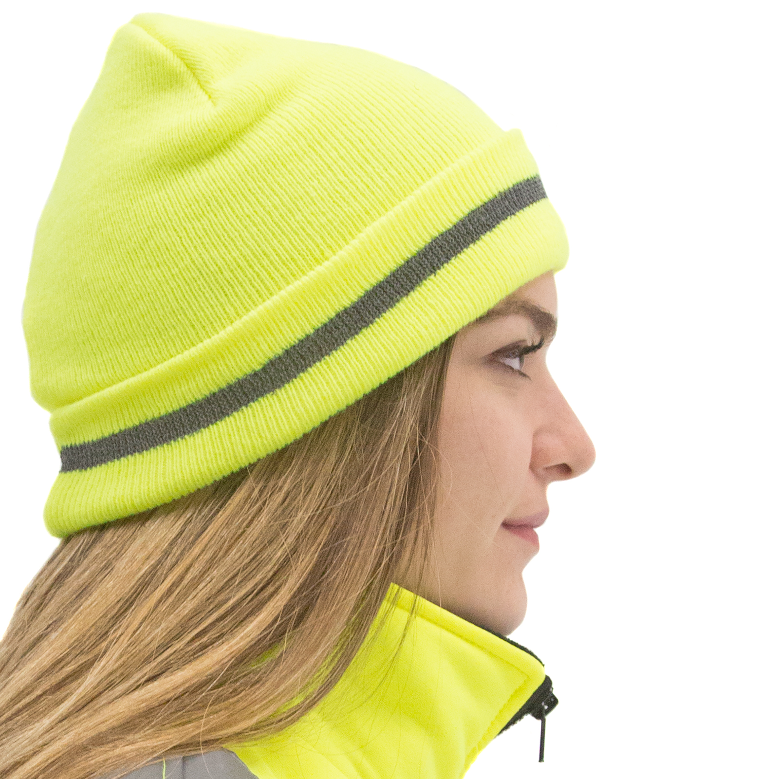 A woman with long hair wearing the lime JORESTECH hi vis beanie hat