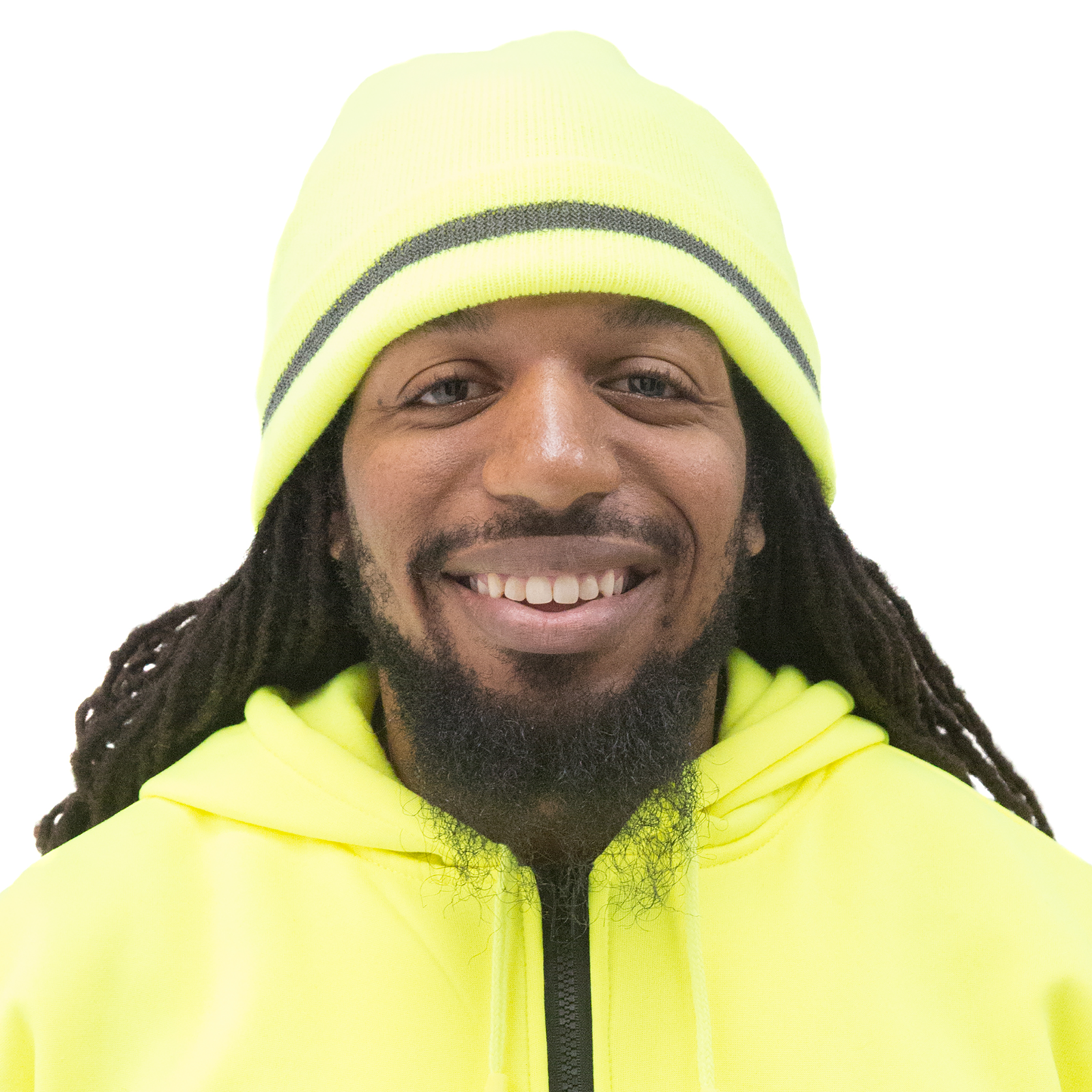 A worker with very long hair wearing a Hi vis lime sweater to match the JORESTECH reflective beanie hat